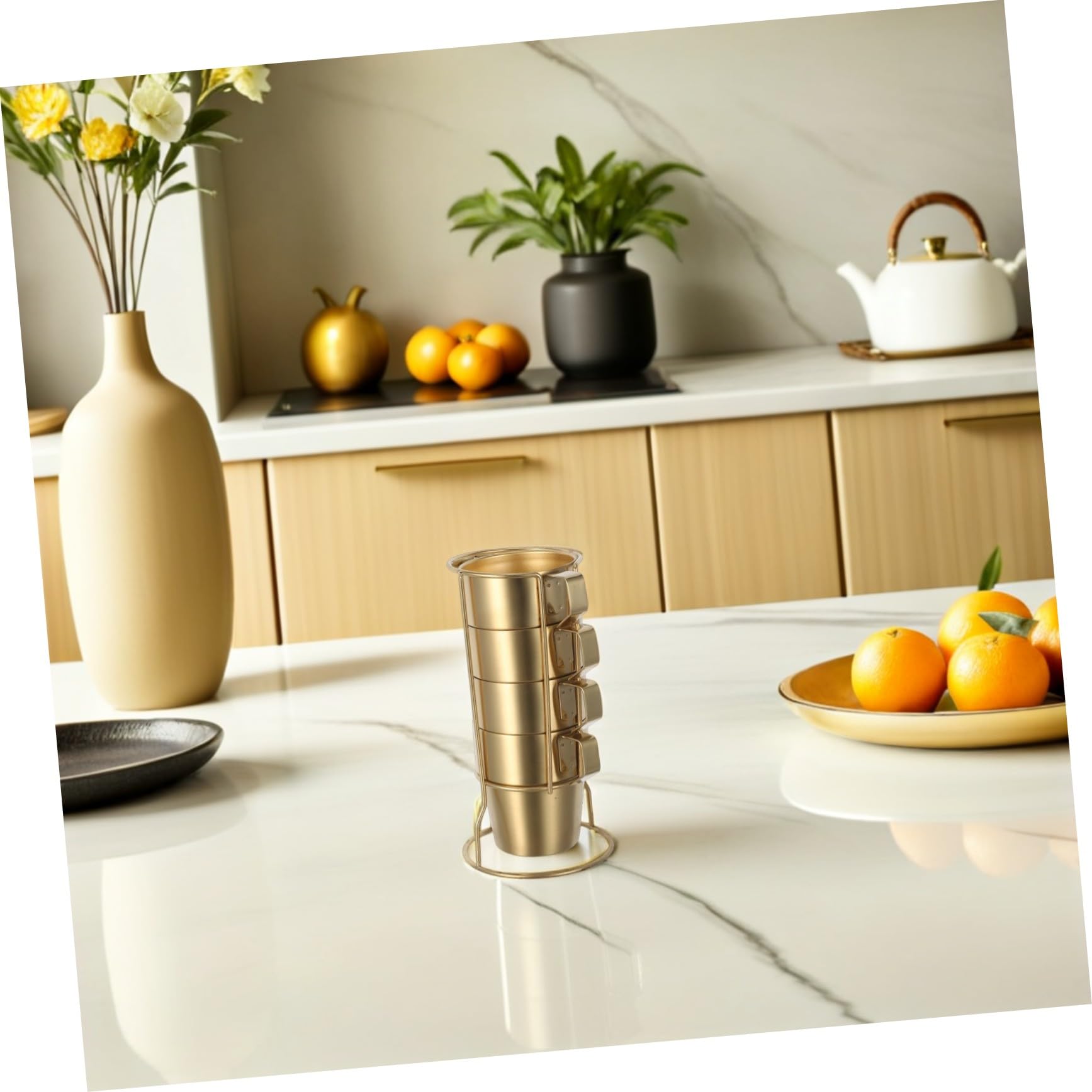Tazas de Café de Acero Inoxidable Aisladas con Doble Pared y Asa de Tazas Apilables con Soporte Dorado Resistentes y Ergonómicas para Camping y Bebidas Calientes