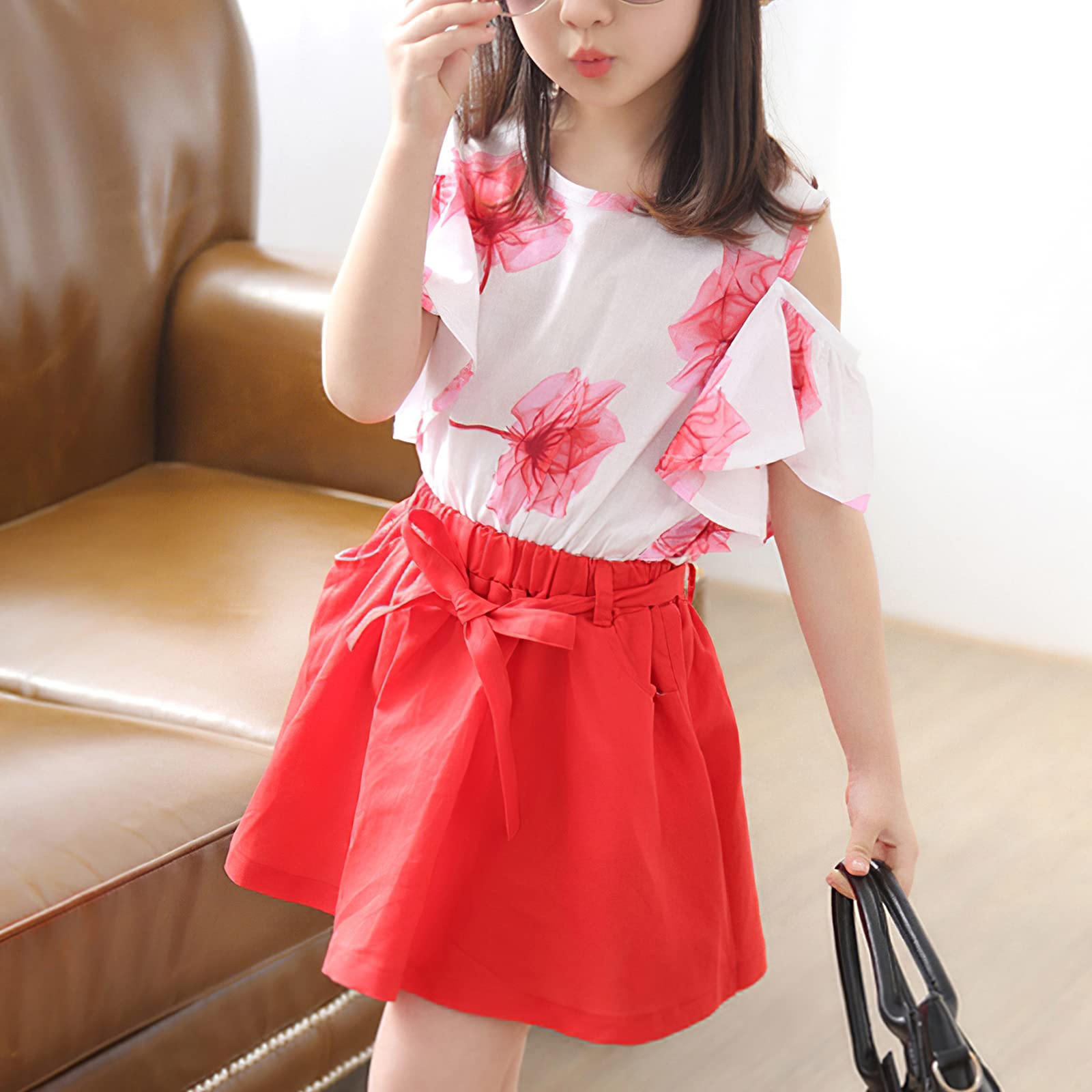 amropi Niña Floral Conjunto de Verano Camiseta de Manga Volantes y Falda 2 Piezas Ropa Set 3-12 años