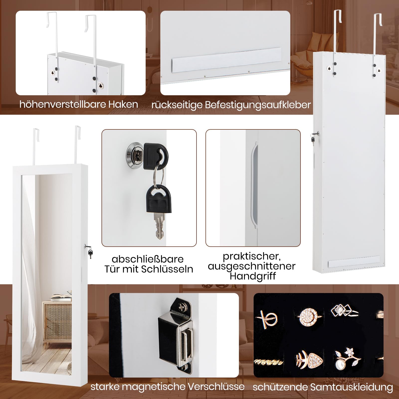 RELAX4LIFE Schmuckschrank hängend, Spiegelschrank mit 2 Schubladen & 2 LEDs & Schloss, Schmuckorganizer für Ohrringe & Armband & Kette & Ringe & Kosmetik, Tür- & Wandmontage (Weiß)