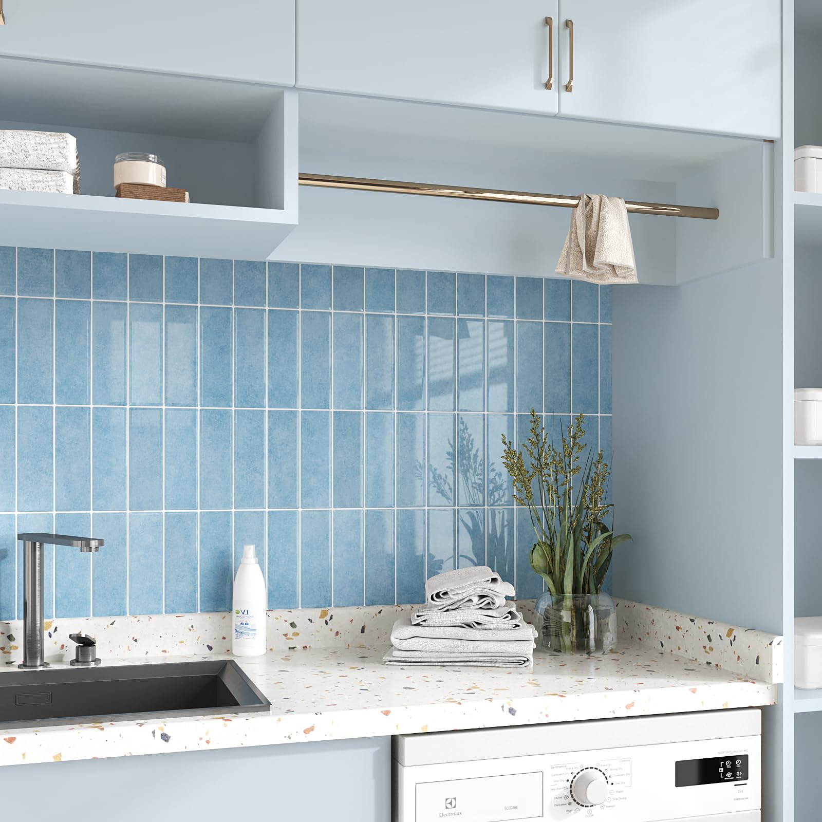 VEELIKE Azulejos Adhesivos Cocina Azules 3D Baldosas Adhesivas Pared Trasera Cocina Vinilos Baño Azulejos Papel Adhesivo para Baldosas Vinilo Cocina Pared Azulejos Impermeable 30.5cm×30.5cm 6 Piezas