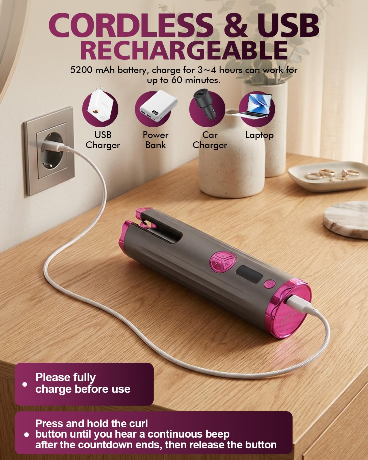 Fer a Boucler Cheveux Automatique Sans Fil Fer a Friser 5200mAh USB Rechargeable a Friser avec 6 Réglages de Température & Minuteur, Boucleur Anti-Brûlure Chauffage Rapide pour Cheveux Longs Courts