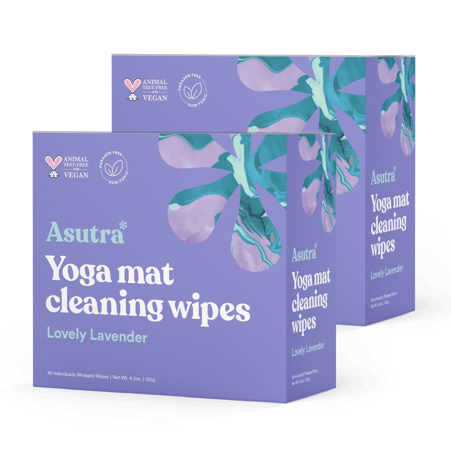 ASUTRA Yoga Mat Cleaning Wipes Lovely Lavender Individually Wrapped Wipes 2 Boxes 30 Each - No Slippery Residue