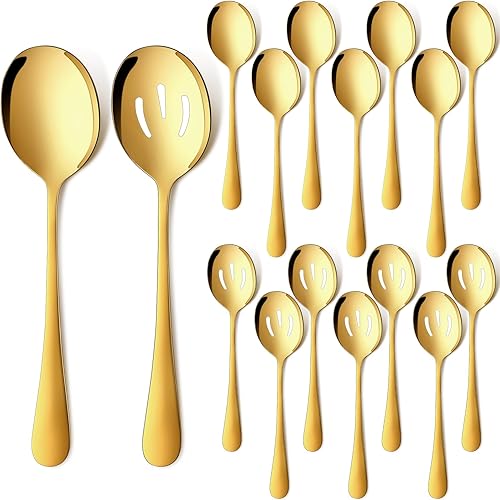 Juego de 16 cucharas doradas de acero inoxidable, incluye grandes cucharas ranuradas de metal para Navidad, bufé, fiesta, banquete, cocina, disponible en Yaxa Peru