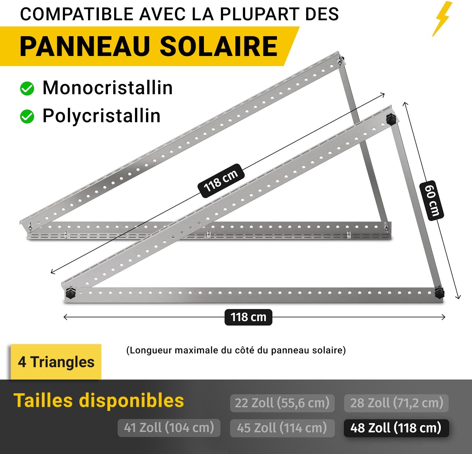 Avoltik supports de panneau solaire - Support de panneau solaire en aluminium - Support PV avec angle réglable pour toit, balcon et sol (2, 48 pouces (118 cm))