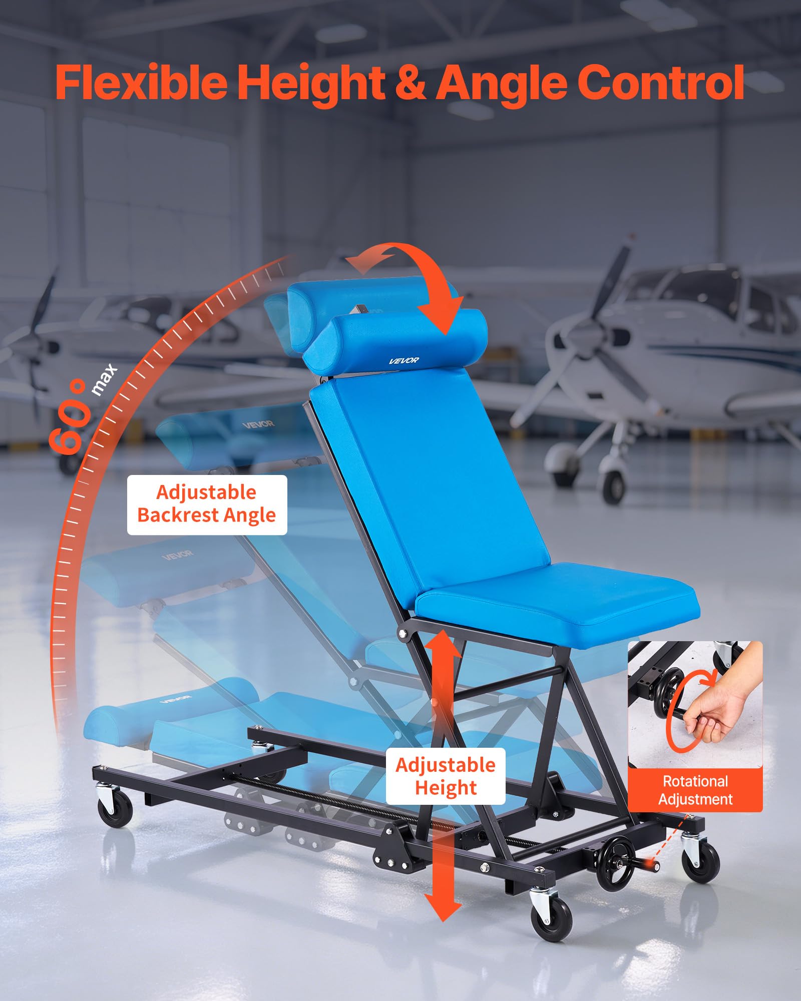 VEVOR Camilla Mecánica para Taller Altura Ajustable de 23-57 cm 4 Ruedas, Marco de Acero al Carbono, Carga de 258 kg, con Respaldo y Reposacabezas Ajustables, para Taller de Reparación de Automóvil