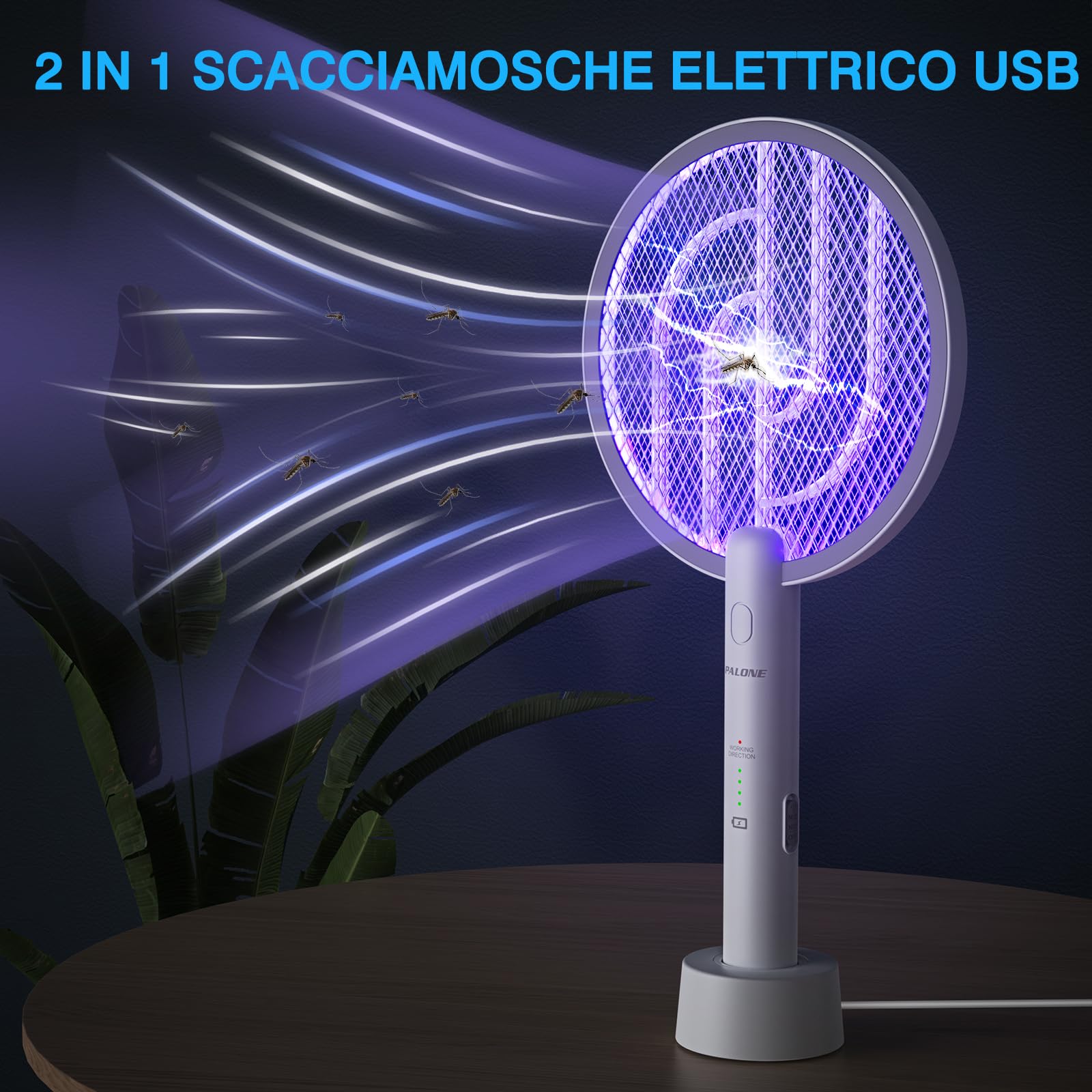 PALONE Racchetta Zanzare Elettrica, 4000V con USB Ricaricabile LED 2-In-1 Racchetta Zanzare Elettrico, Protezione Maglia a 3 Strati, Adatto per Casa Giardino Campeggio Interni ed Esterni - Bianco