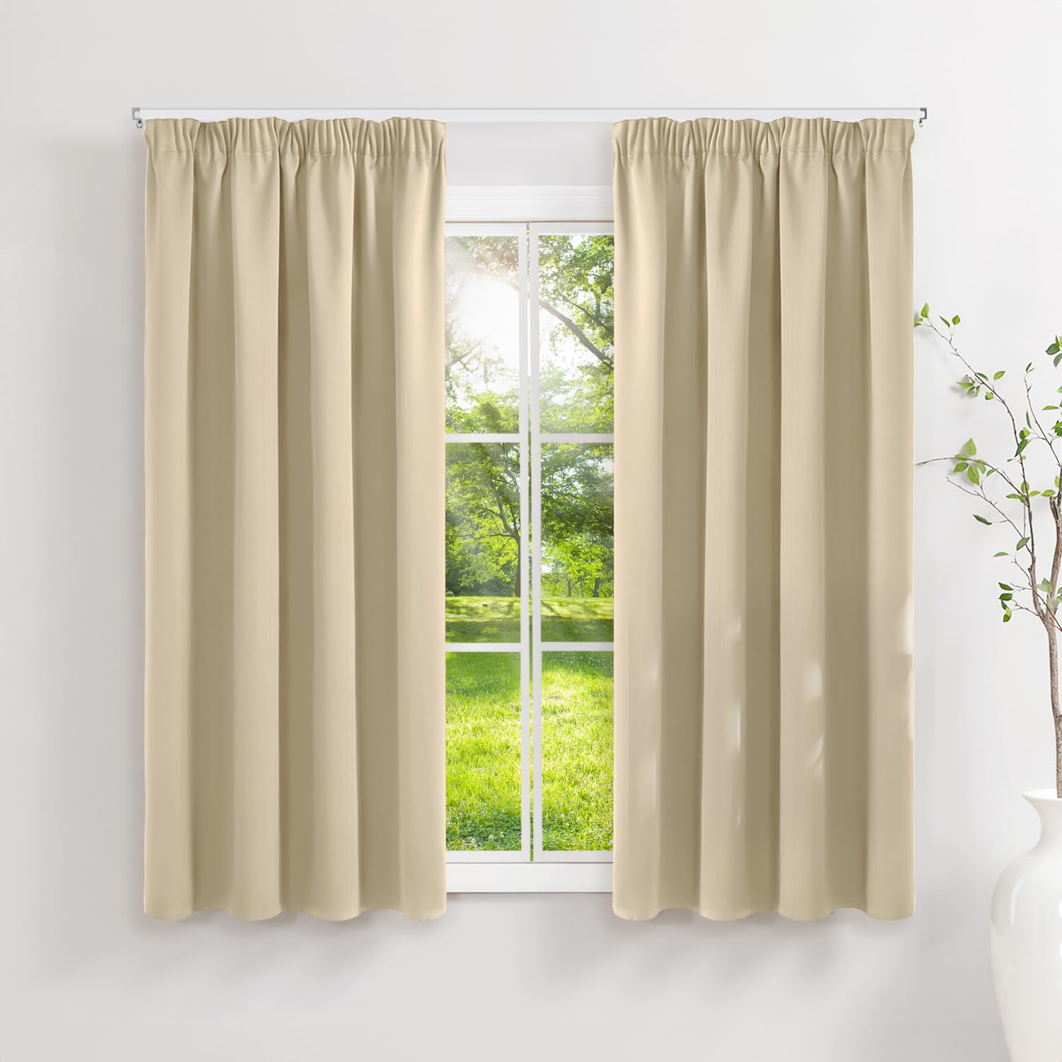 Runyéla Pencil Pleat Blackout Curtains for Bedroom Thermal Curtain 46 x 54 Inch Drop Kitchen Living Room 2 Panels Beige — image 1