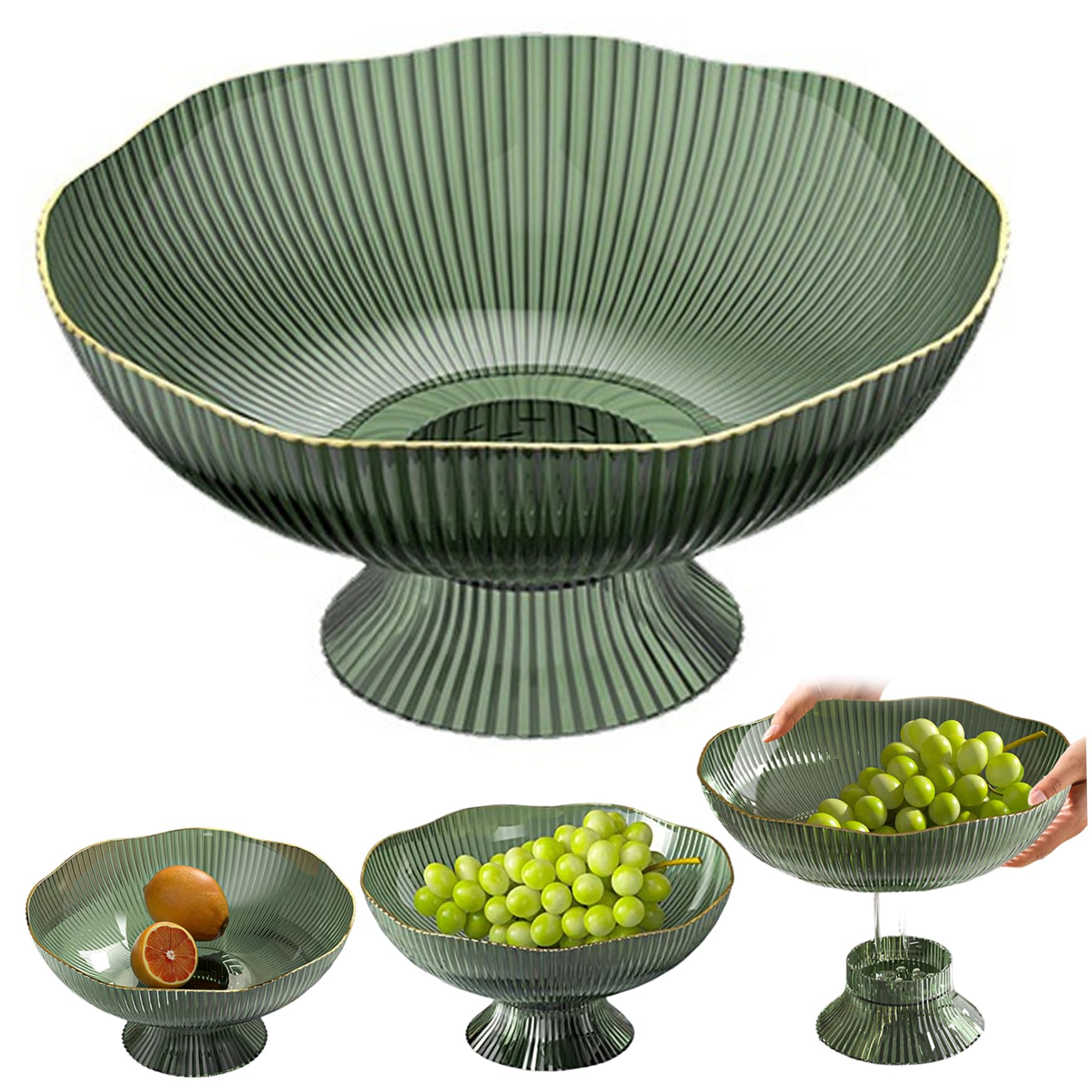 Bonalake Fruit Bowl for Kitchen Counter, 10x10x5 Pedestal Fruit Basket with Draining Holes, Lightweight Decorative Bowl for Kitchen Table Centerpiece Home Decor, Green Pedestal Basket