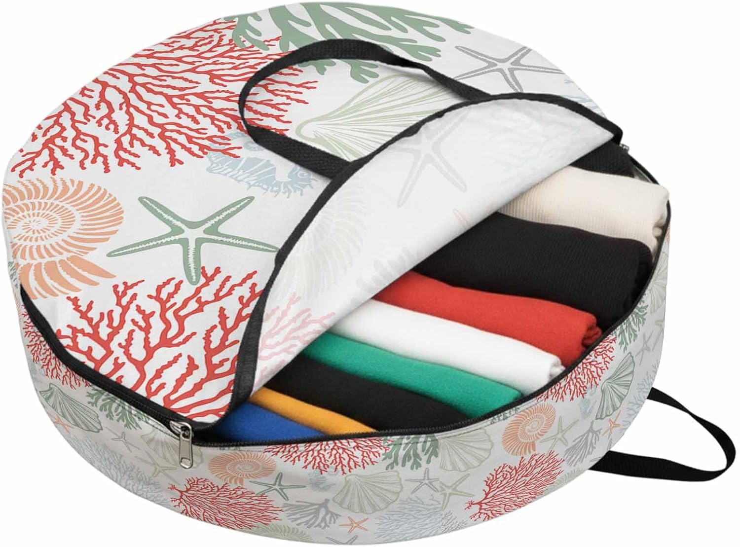 Red Coral Round Storage Bag 36 Inch, Sage Green Starfish Ocean Coastal Seashell Clothes Storage Container with Handles Heavy Duty Organizer for Comforter, Bedding & Holiday Wreaths