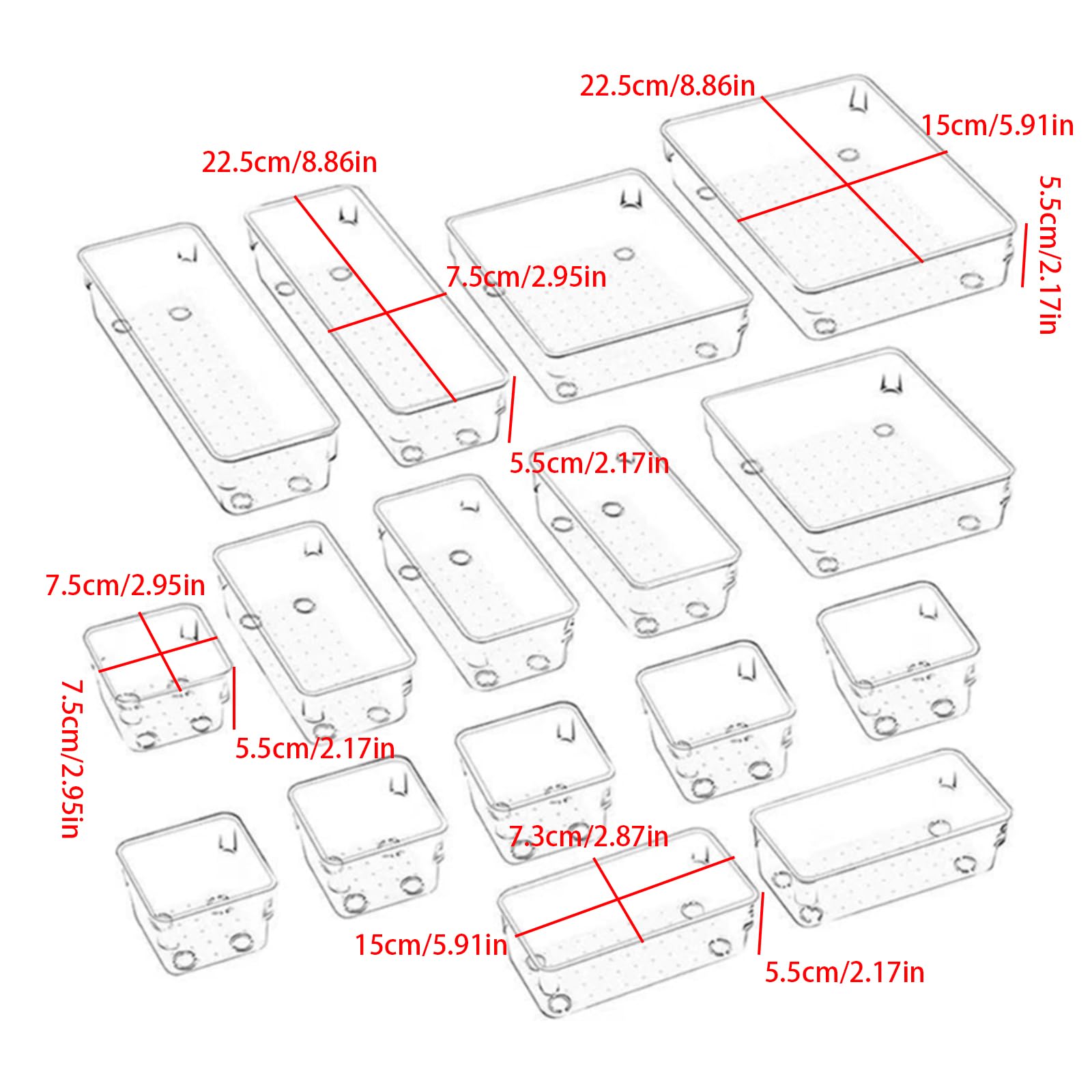 Vassoi trasparenti per cassetti organizer Set contenitori multi-formato per cucina, bagno, camera da letto e ufficio Organizer per cassetti trasparente PET