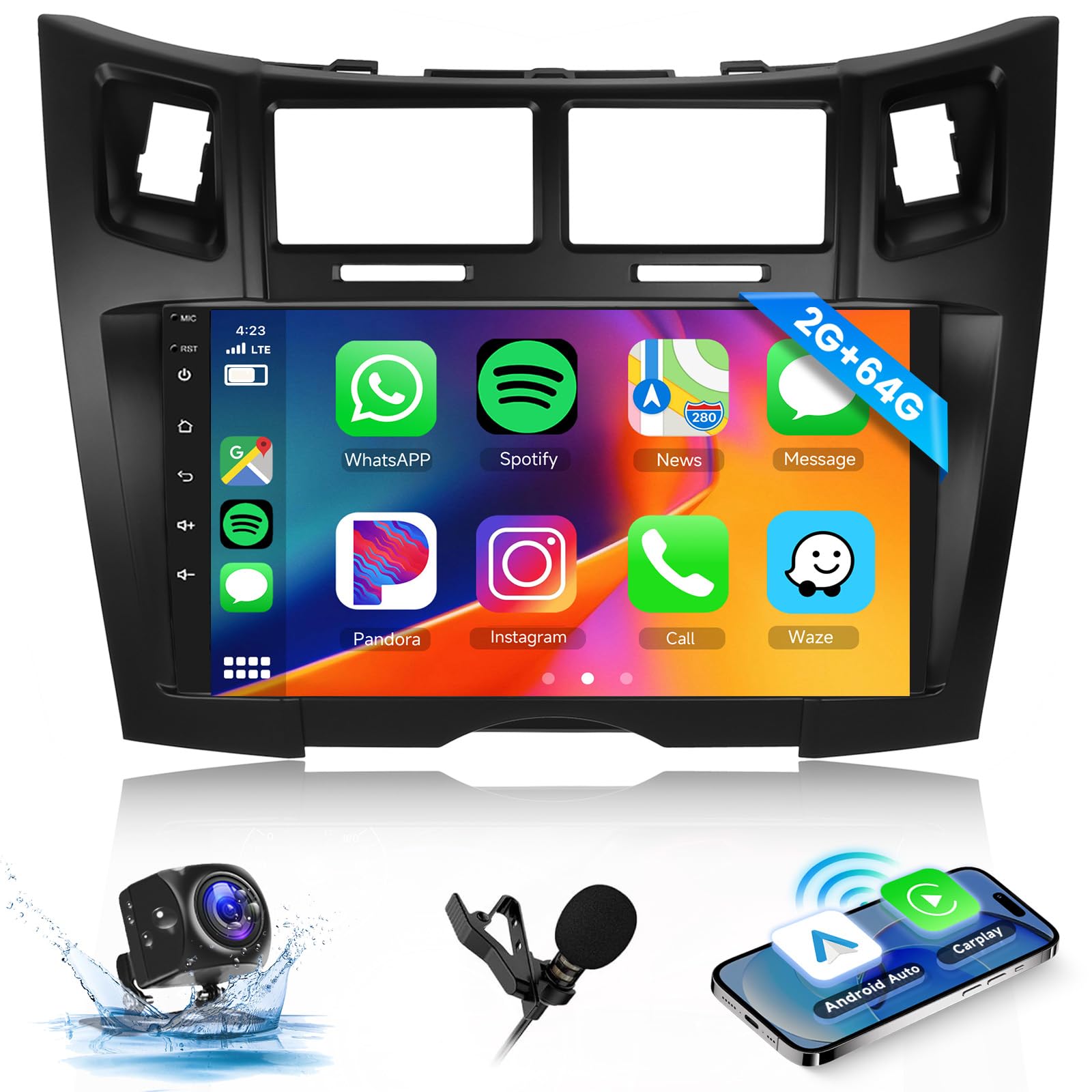 Hodozzy 2GB 64GB Android Autoradio per Toyota Yaris/Vizi 2005-2011 Radio con Wireless Carplay Android Auto, 9 Pollici Touch Screen Auto Stereo GPS Navigatore, Bluetooth, WiFi, FM RDS Radio, BT/DSP