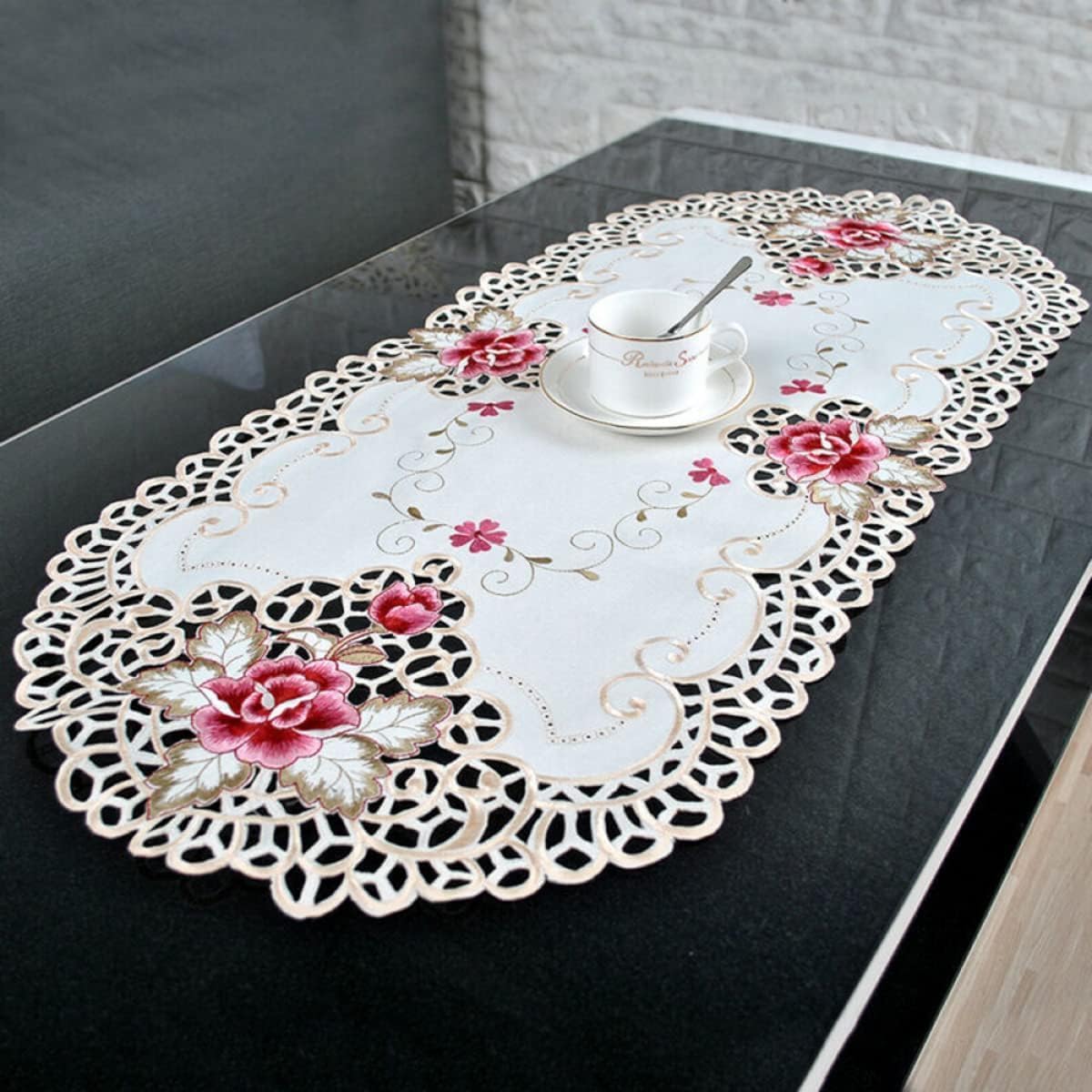 Sobeta Embroidered Table Cover,White Oval Lace Tablecloth Doily Embroidered Floral Table Runner Table Cover Home Decor 16" x 33"