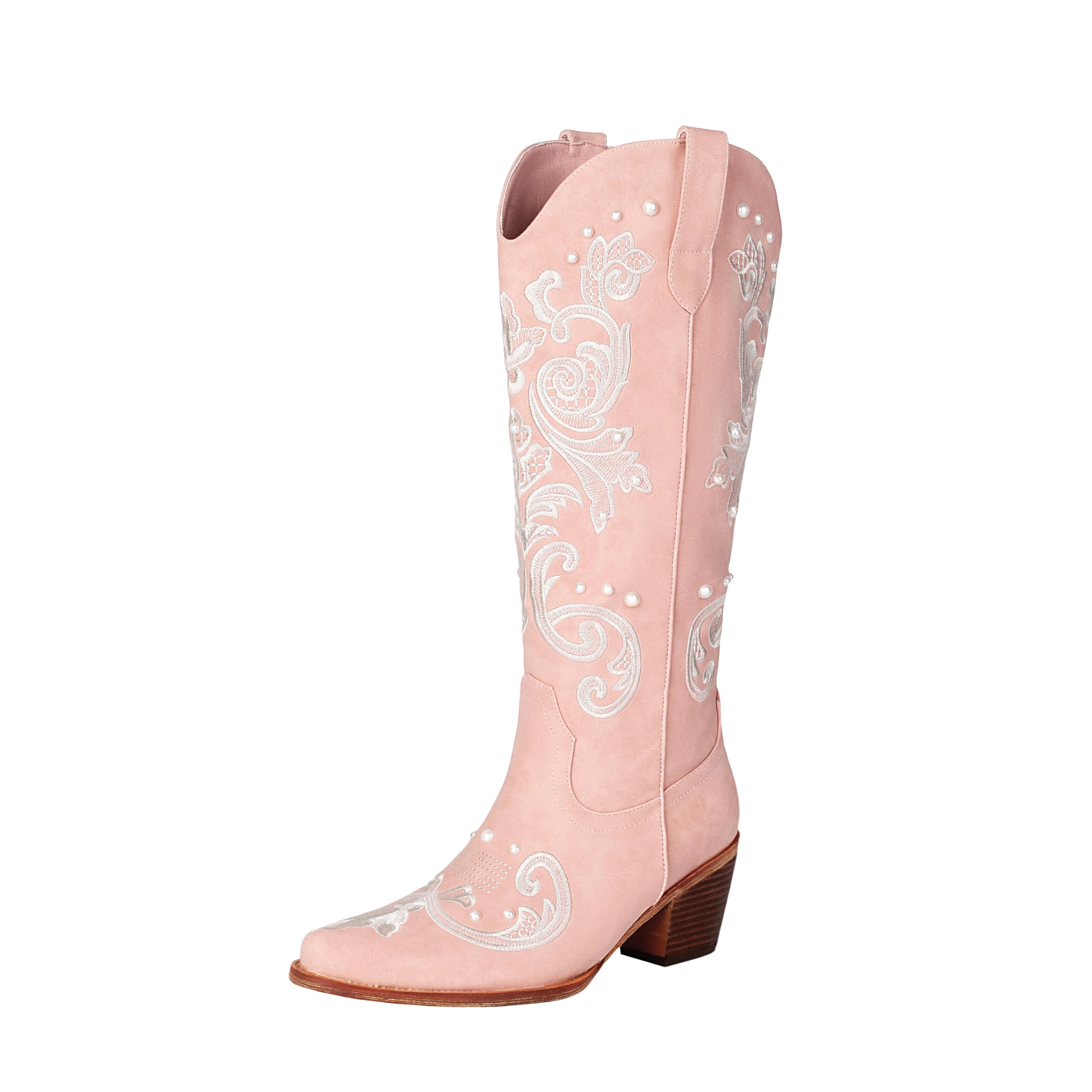 MSYIEVAD Cowboy Boots for Women Pearl Embroidered Cowgirl Boots Western Chunky Heel Mid Calf Boot with Zipper
