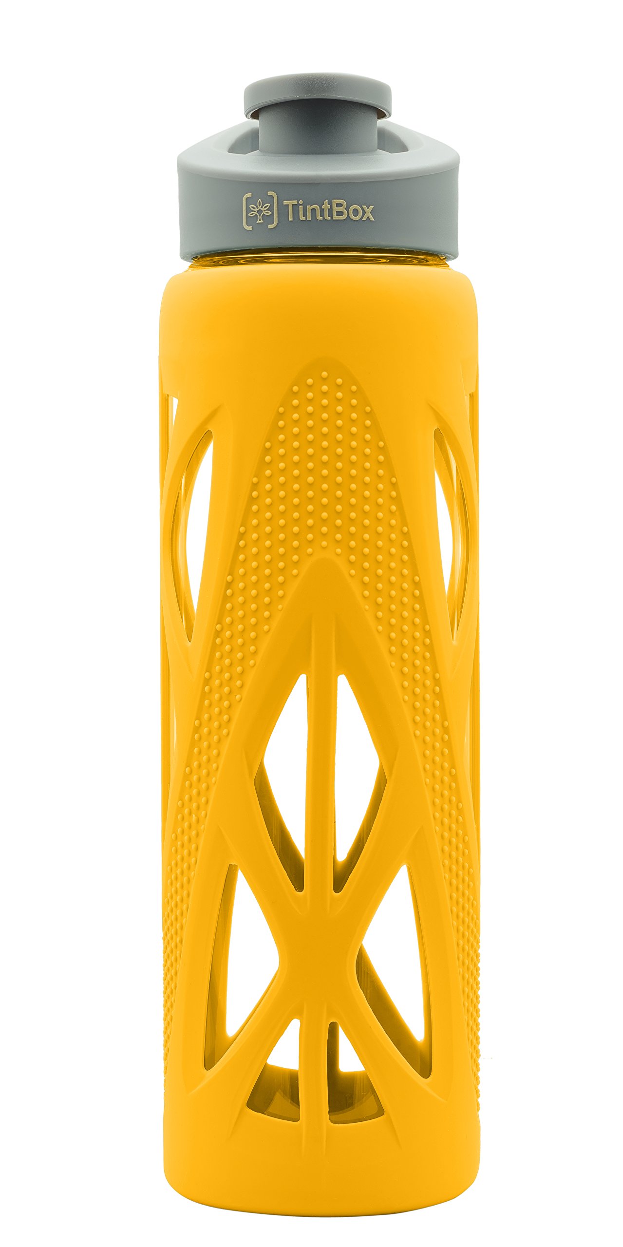 TintBox Borosilicate Glass Water Bottle with Silicone Sleeve | as seen on Shark Tank | perfect for Office, Home, Fridge, Gym, Travel | BPA Free | Pulse Yellow | 750ml