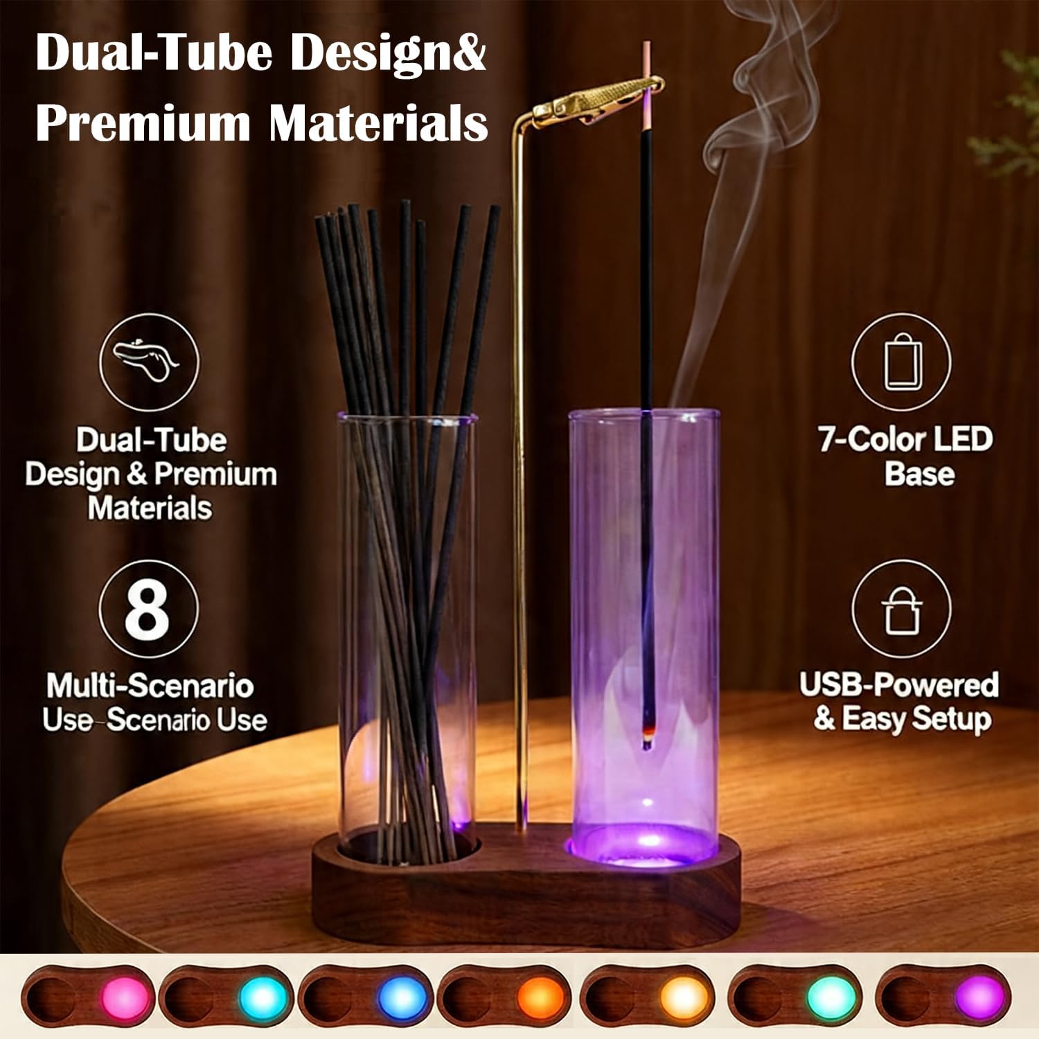 Glass Glowing Incense Holder - Modern Double Tube Incense Stick Burner with Ash Catcher - Aesthetic 2-in-1 Fragrance Display for Palo Santo, Sage & Candles - Zen Decor for Yoga & Meditation