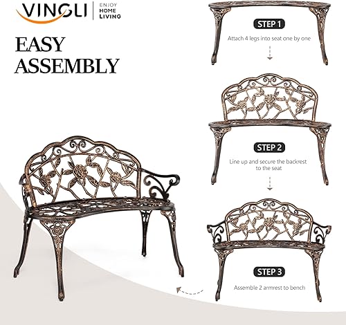 Vista 6 de VINGLI Patio Park Garden - Banco de rosas de metal para exteriores, estructura de aluminio fundido para 2 personas, silla de acabado antiguo, Bronce