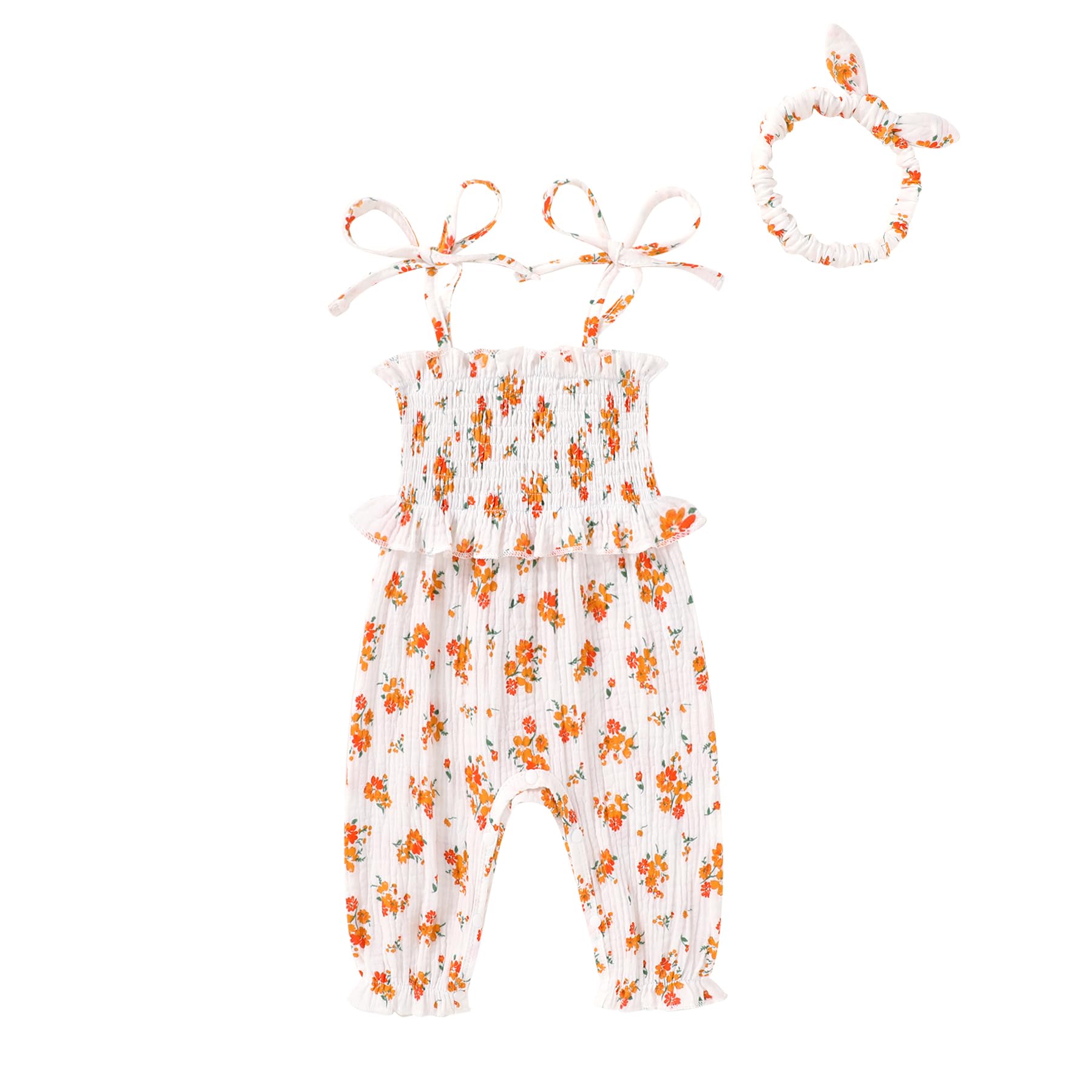 YOUNGER TREE Newborn Baby Girl Clothes Summer Sleeveless Smocked Romper with Headband Toddler Jumpsuit Outfits