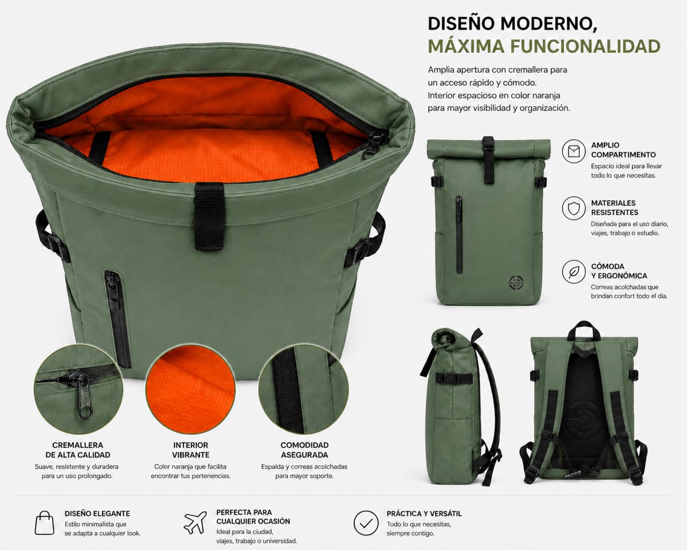 Zaino arrotolabile, impermeabile, espandibile, 20-25 l, con accesso rapido, portatile, casual, unisex, leggero, organizer, maniglia torlley, spallacci imbottiti, viaggi, lavoro, università, Verde