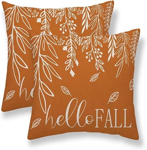 Juego de 2 fundas de almohada de otoño de 16 x 16 pulgadas, diseño de hojas de otoño naranja para exteriores, fundas de almohada decorativas para