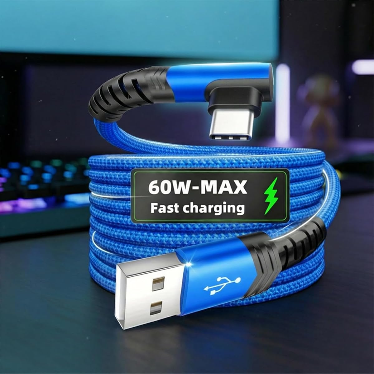 Cargador Tipo C Carga Rápida, Cable USB a USB-C en Ángulo Recto de 6,6 Pies Cable de Carga Rápida Trenzado 2m para Samsung Huawei Xiaomi Redmi Oppo OnePlus y Más Smartphones Azul