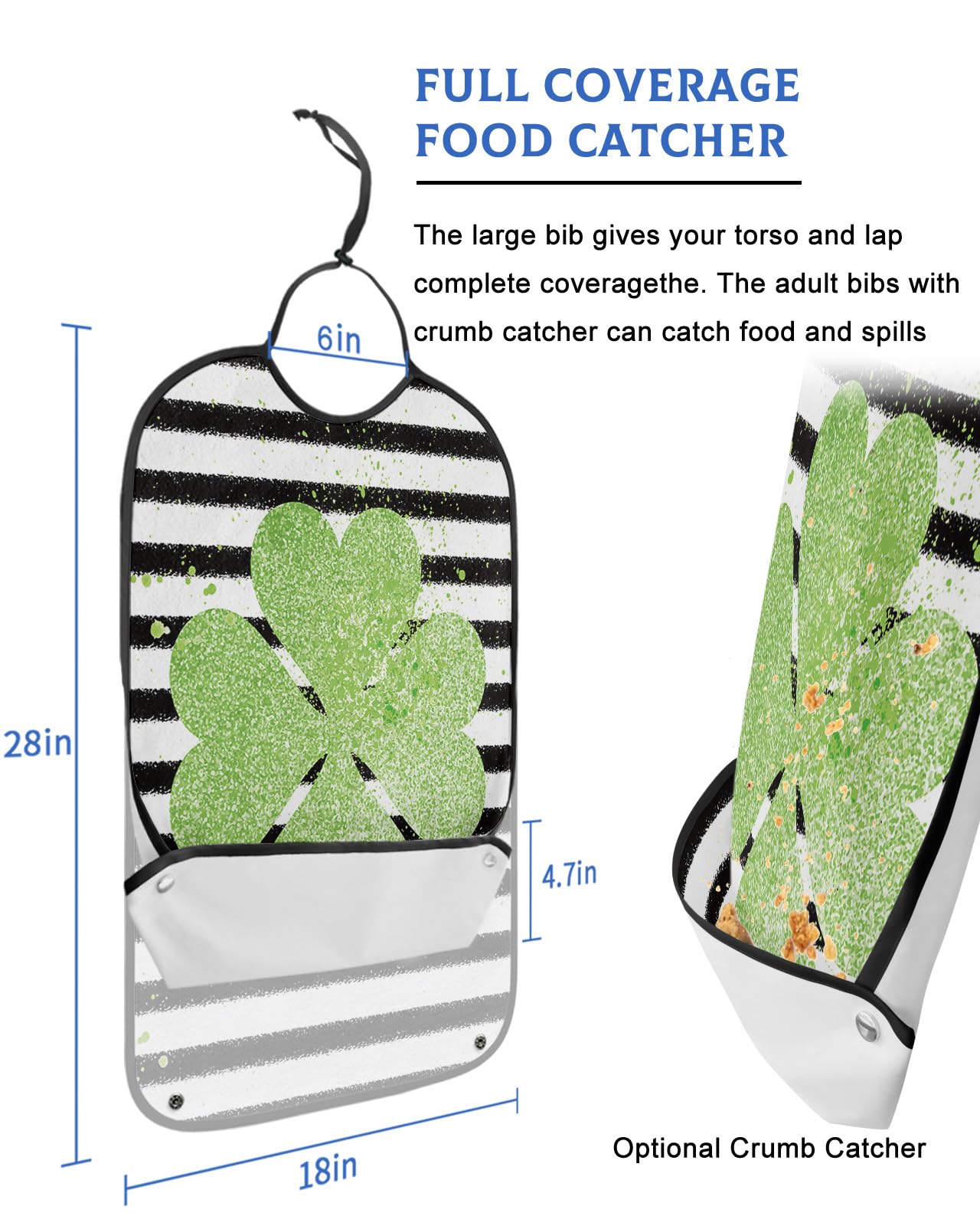 St. Patrick's Day Adult Bibs for Eating, Waterproof Bibs with Food Catcher & Adjustable Snap Closure, White Black Stripes Green Lucky Four Leaf Clover Clothing Protectors Adult Bibs for Elderly
