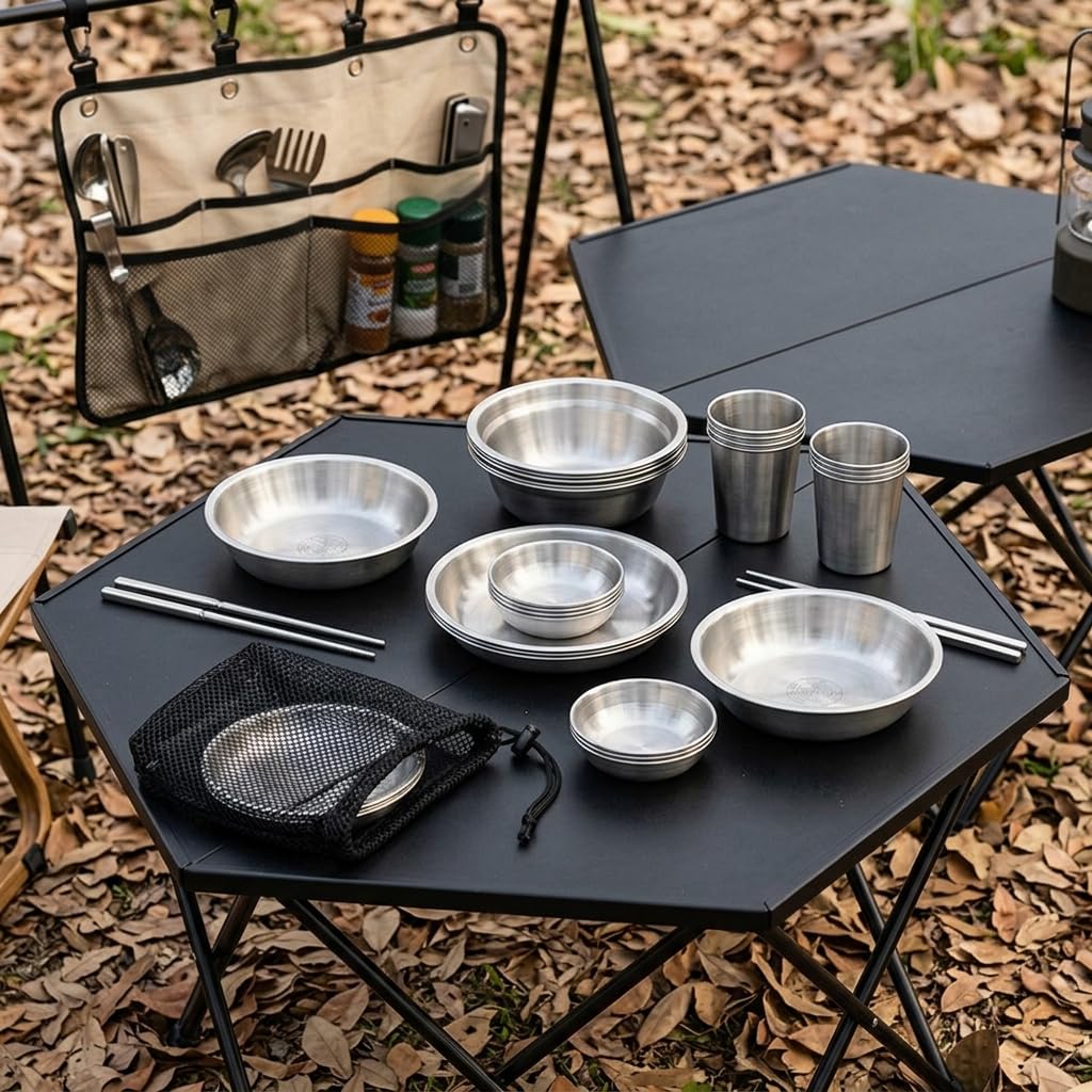 Vajil de Camping de Acero Inoxidable, Juego de Cubiertos y ptos apibl, para Senderismo y Actividad al exrior, 20 x 13 x 20 cm