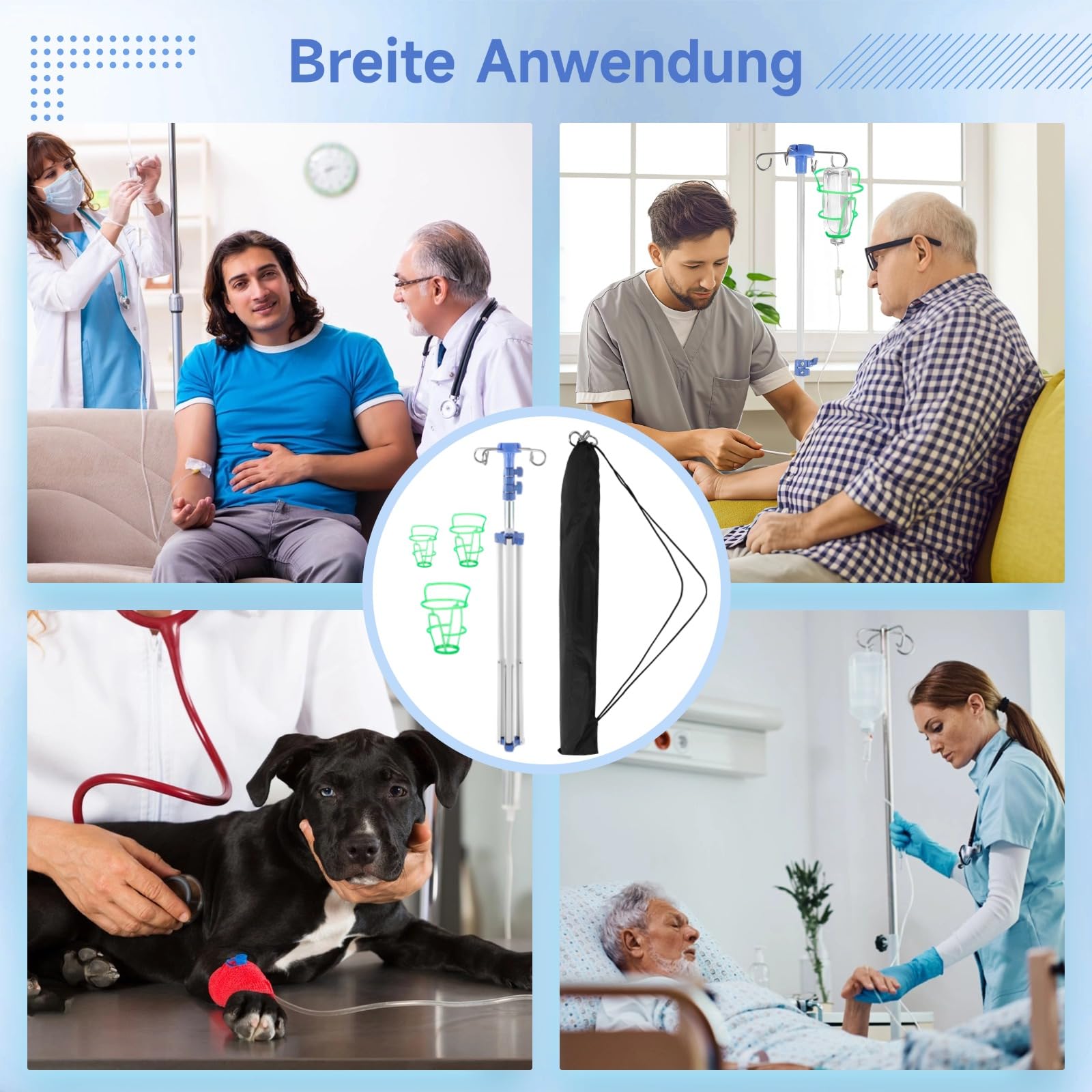 Verstellbarer Infusionsständer, tragbarer Infusionsständer für unterwegs und zu Hause, faltbarer Infusionsständer mit 4 Haken, Edelstahl-Infusionshalter mit 3 Infusionsnetzen, 77–192cm (weiß)