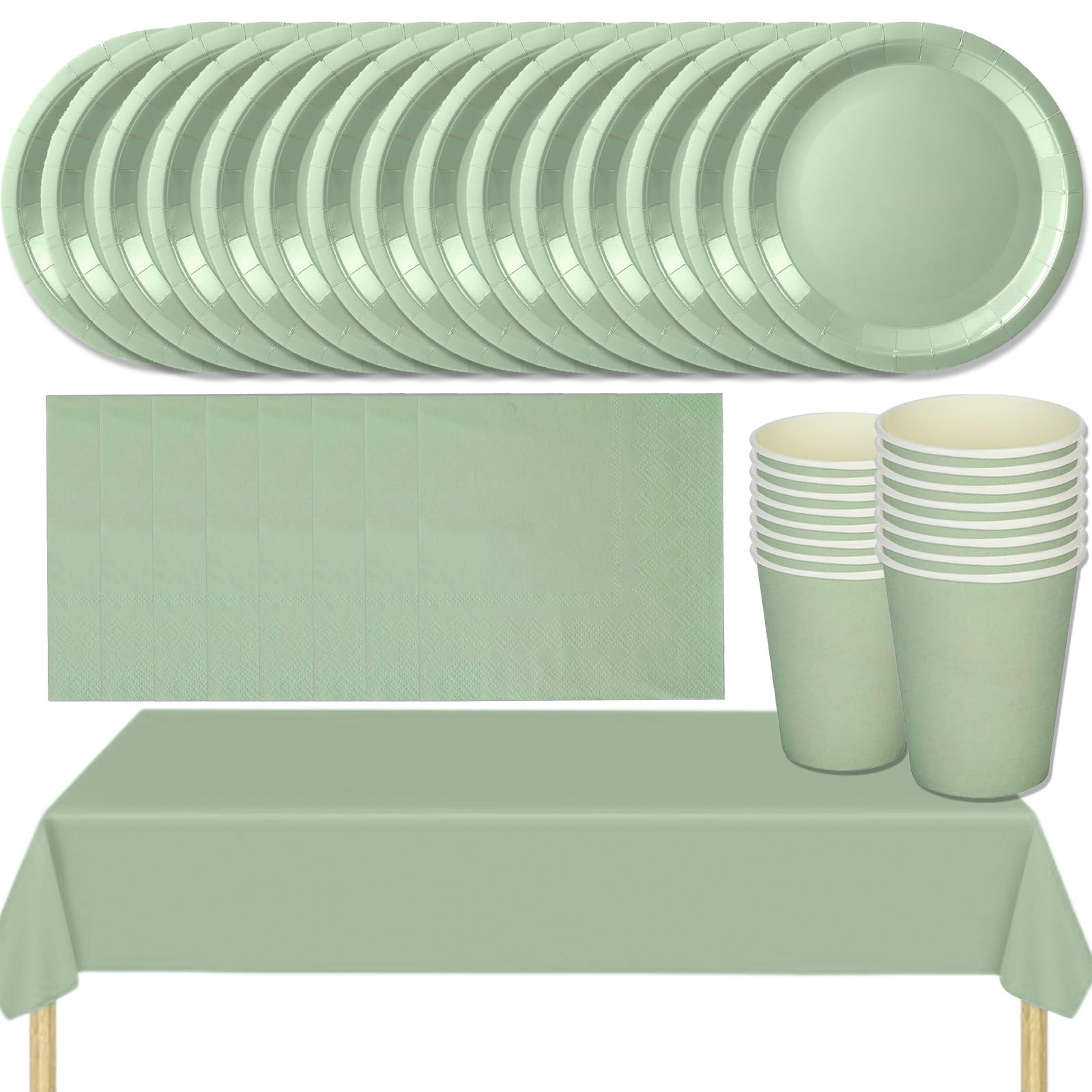 MOMAHUA 53P Party Tableware Set,Sage Green Dinnerware Set with Plates,Tablecloth,Napkins,Cups,Solid Color Table Decorations for Birthday,Wedding,Picnic,Baby Shower,Party Supplies for 16 Guests — image 1
