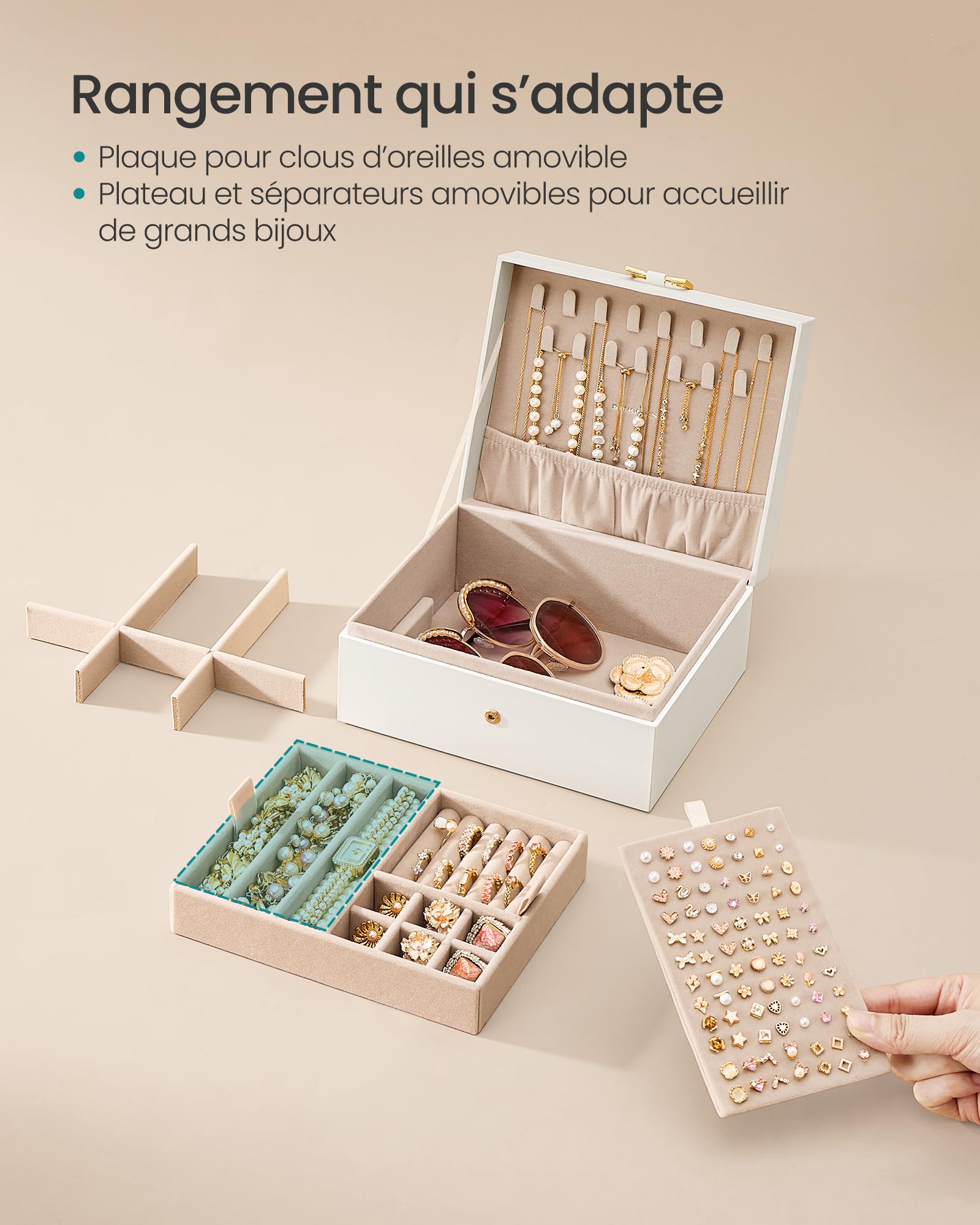 SONGMICS Caja Joyero, Organizador de Joyas de 2 Niveles con Bandeja Extraíble y Asa, para Collares, Pendientes y Anillos, 17 x 20,5 x 9,5 cm, Ideal para Regalo, Blanco Crema JBC208WD01