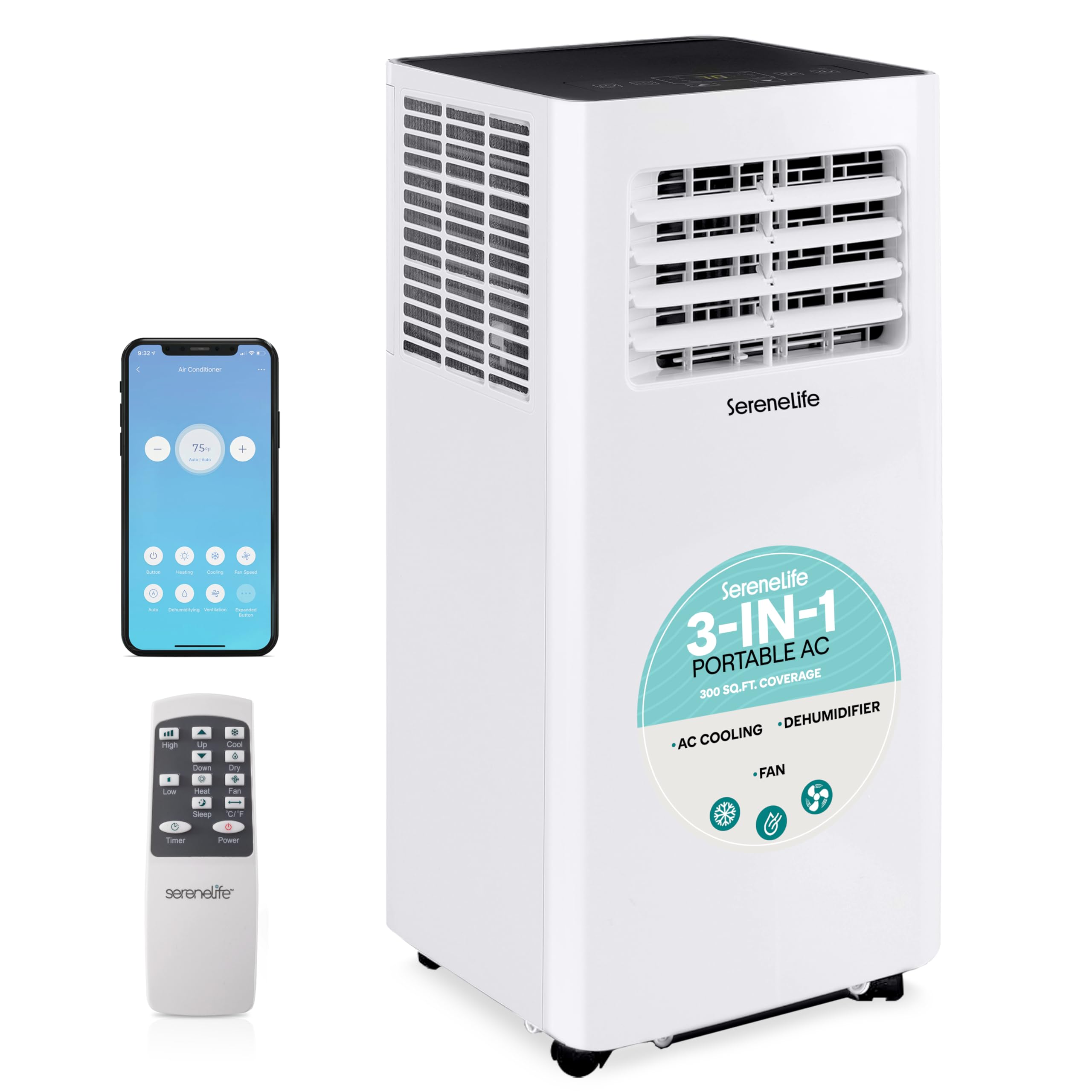 SereneLife Climatiseur Mobile, 9K BTU, Climatiseur et Déshumidificateur Portatif, Wi-Fi Activé, Élimine 1, 1 Litre d'Humidité par Heure pour un Refroidissement Rapide jusqu'à 28 Mètres