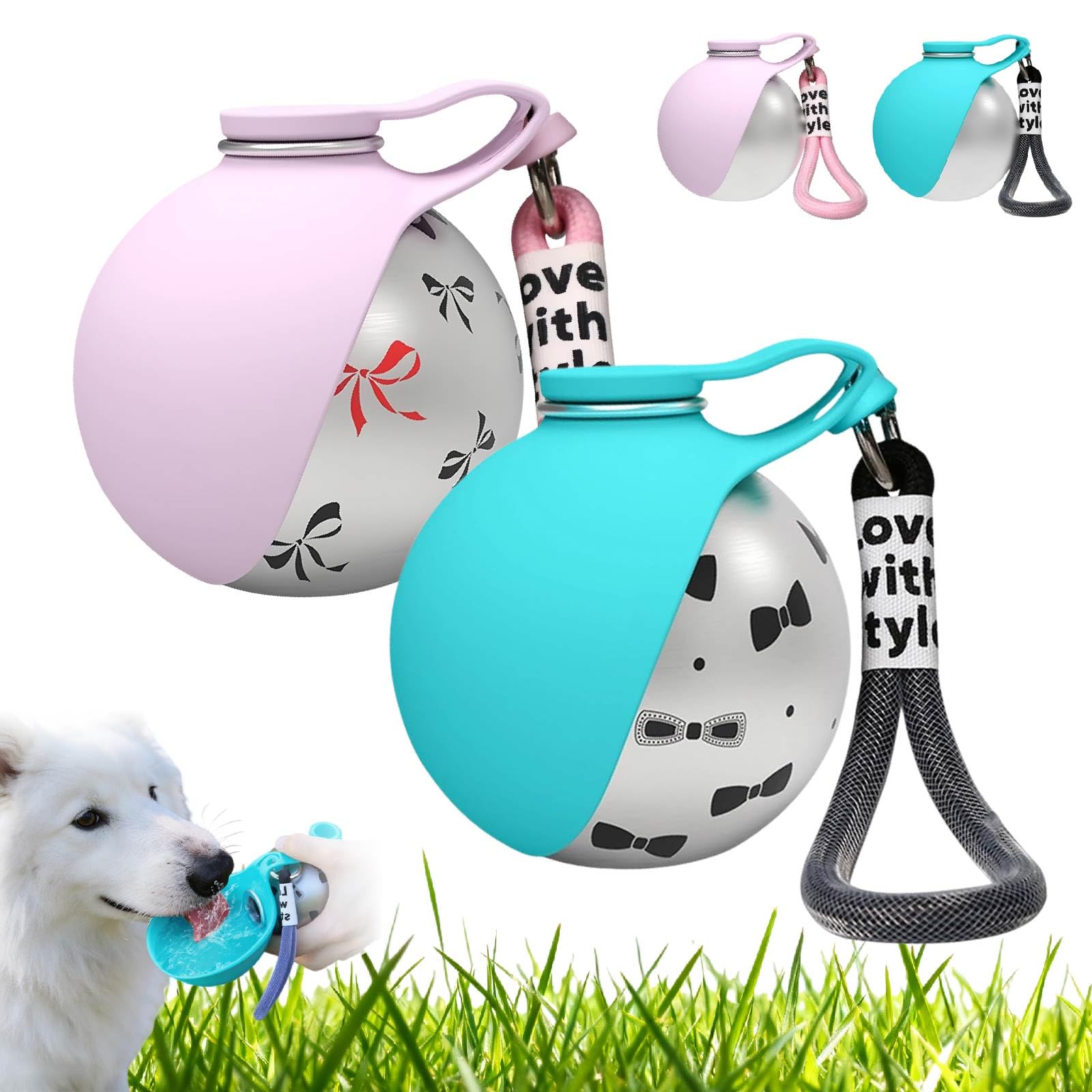 2-in-1 Dog Water Bottle- Portable Stainless Steel Dog Travel Water Bottle with Foldable Silicone Bowl, Leakproof 285ml Puppy Drinking Dispenser Flask for Walking (Pink with Patter+Blue with Patter)