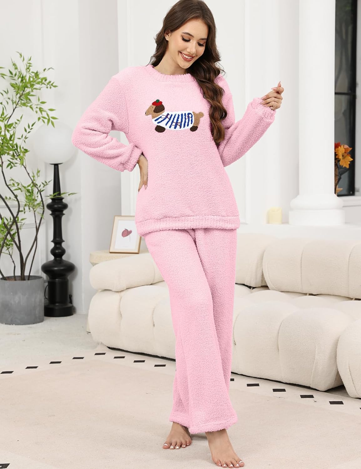 Yimoon Women' s Fluffy Fleece Pajama Set Pullover Pants Winter Dachshund Fuzzy 2 Piece Plush Pjs Warm Loungewear Sleepwear - Image 2