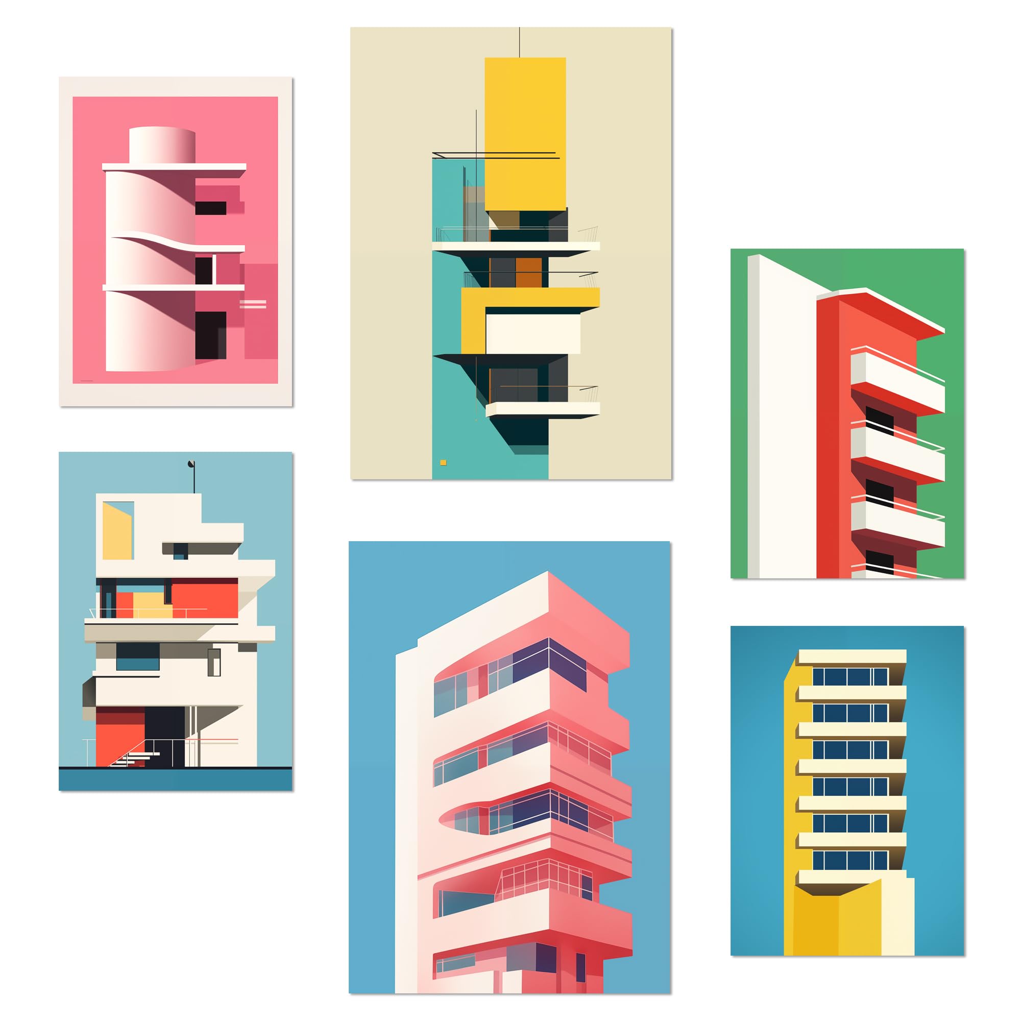 Nacnic Set of 6 Bauhaus Architecture Rosa Red Green Aul Posters with design illustration to decorate the walls of home. Rooms, office, shop, business. A3 and A4 size. Frameless.