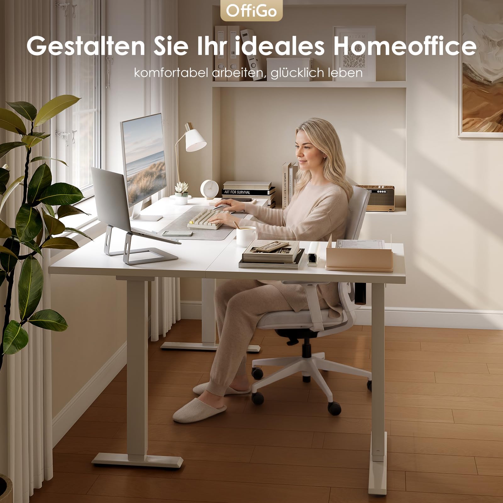 OffiGo Höhenverstellbarer Schreibtisch, 160 x 120 cm L-förmig Schreibtisch Höhenverstellbar Elektrisch, Eckschreibtisch Ergonomischer Steh-Sitz Tisch Computertisch, Weiß