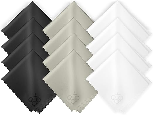 Microfiber Cleaning Cloth 12-Pack Individualy Packed (6"x 7") Glasses Cleaning Cloths for Eyeglasses Phone Computer Screen Laptop Camera Lenses (4 Black, 4 Grey, 4 White)
