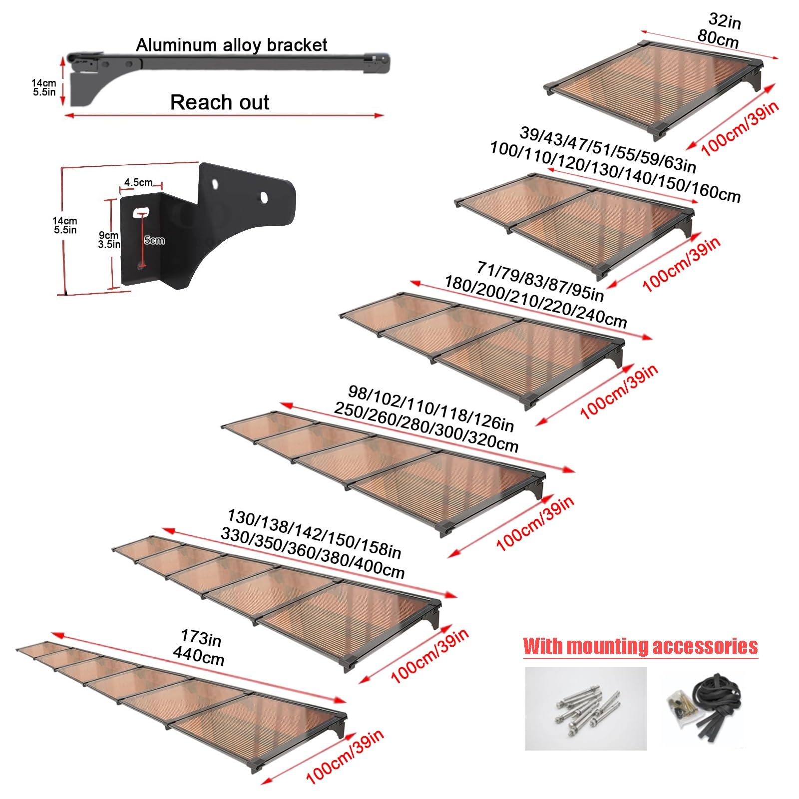 Żagiel przeciwsłoneczny z poliwęglanu do drzwi, okien i wejść, trwały wspornik ze stopu aluminium, prosta twarz, 100 x 360 cm (39 x 142 cale)