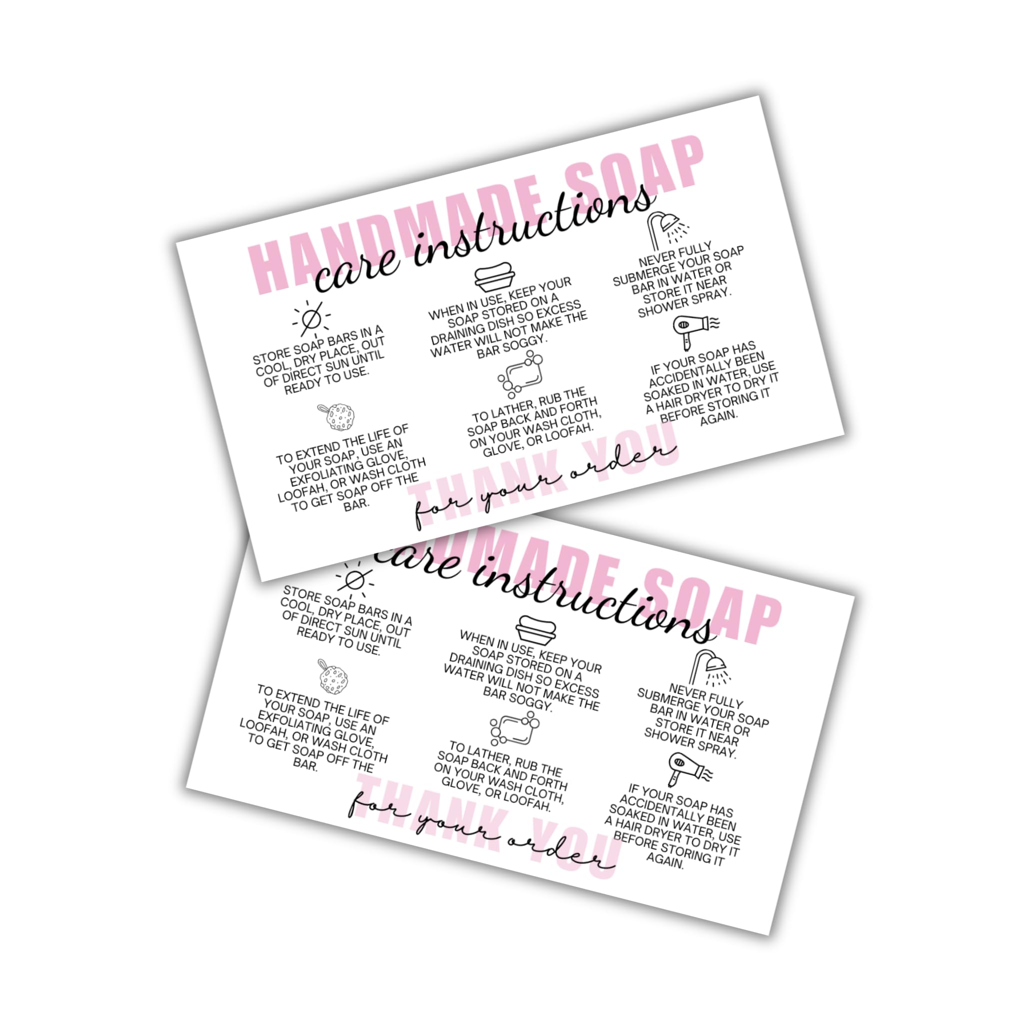 Handmade Soap Care Instruction Cards 50pk 2x3.5” Warning Labels Kit Ingredients Package Inserts Loofah Bar Thank You Client Box Bath Bomb