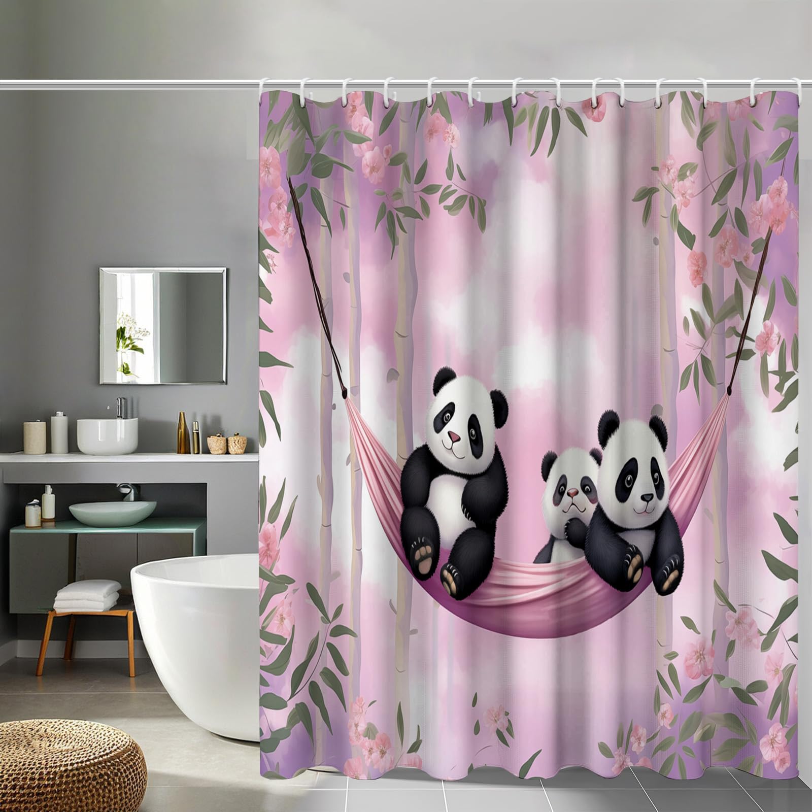 Rideau de douche rose en polyester premium, motif panda haute définition