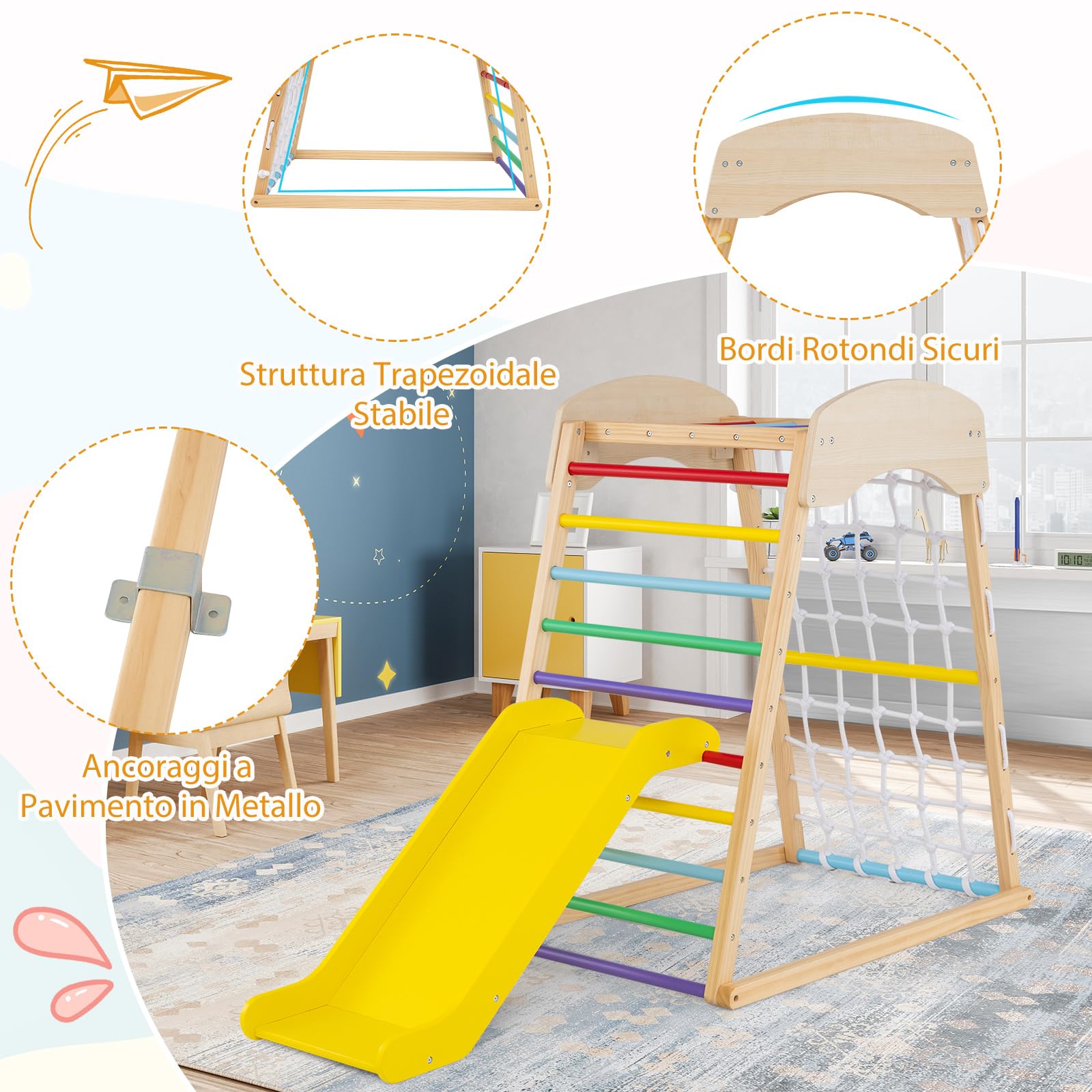 COSTWAY Set Arrampicata 4 in 1, Parco Giochi Interno in Legno con Sbarre Rete da Arrampicata e Scala da Arrampicata, per Bambini 1 Anno+ (colorato)