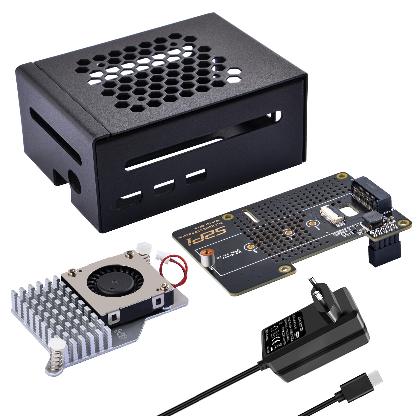 GeeekPi Metalowa obudowa dla Raspberry Pi 5, z oficjalną aktywną chłodnicą, kartą brzegową N04 M.2 NVMe SSD PCIe i zasilaczem USB C 27 W dla Raspberry Pi 5 8 GB 4 GB