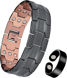 Jecanori Bracelet magnétique en cuivre pour homme, 3 rangées magnétiques réglables en cuivre, 3 500 gauss, aimants (noir), bagues et boîtes cadeaux