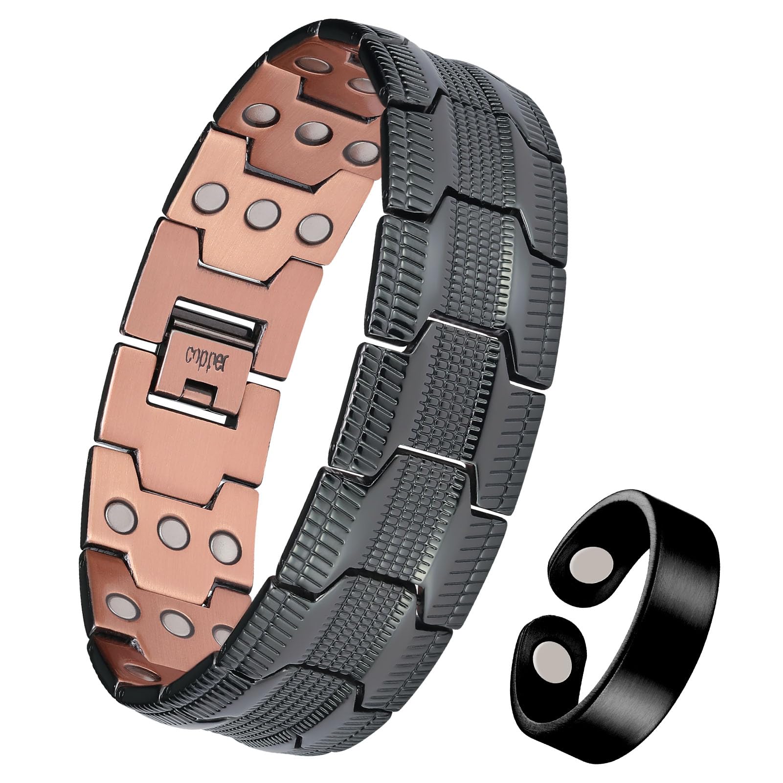 Jecanori Bracelet magnétique en cuivre pour homme, 3 rangées magnétiques réglables pour homme, bracelet en cuivre 3500 gauss aimants, anneaux et boîtes cadeaux (noir), 22 cm, Cuivre