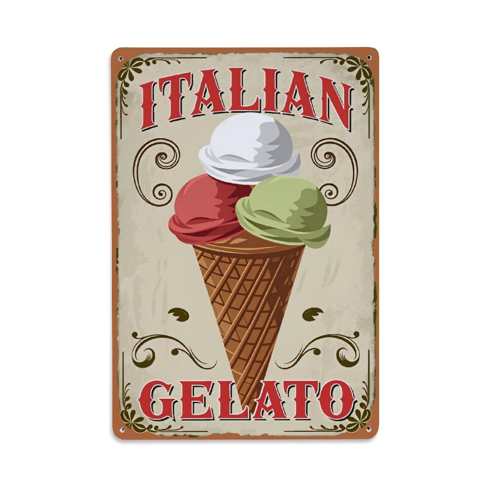 Ndieha Vintage Italian Gelato Cone Pattern Print Tin Sign Metal Poster Retro Bar, Home, Man Cave, Kitchen, Laundry Room Wall Art Decor Gift 8X12 Inch