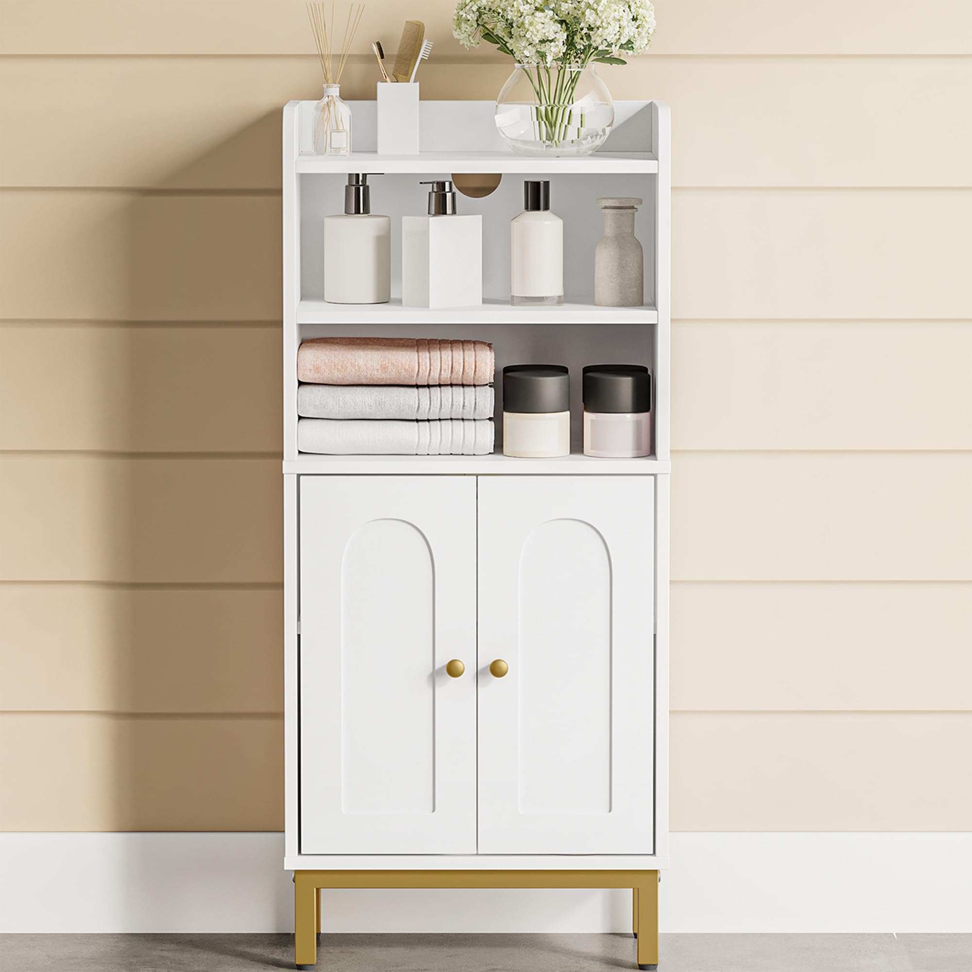 Hzuaneri Badezimmerschrank, Badschrank, Küchenschrank mit 2 offenen Fächern, 2 Türen, 2 verstellbaren Einlegeböden, Freistehender Badezimmer, 20 × 37 × 84 cm, Weiß-Gold BC48213G