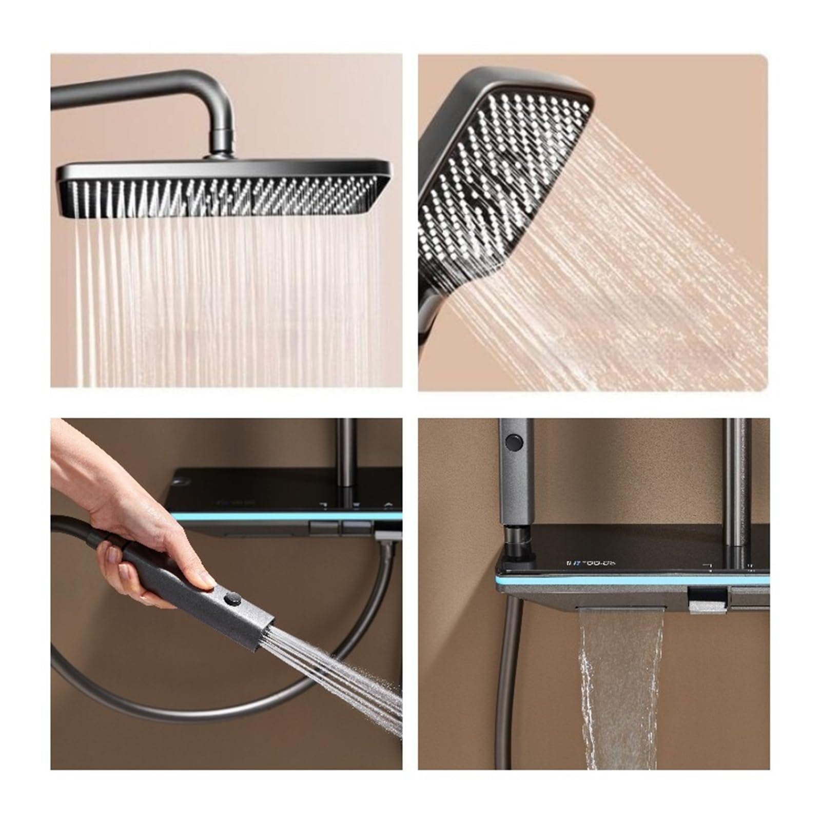 Set di rubinetti for doccia termostatici con display digitale, miscelatore for rubinetti in ottone for vasca da bagno a pioggia, luce d'atmosfera for la generazione di energia del flusso d'acqua(Noir)
