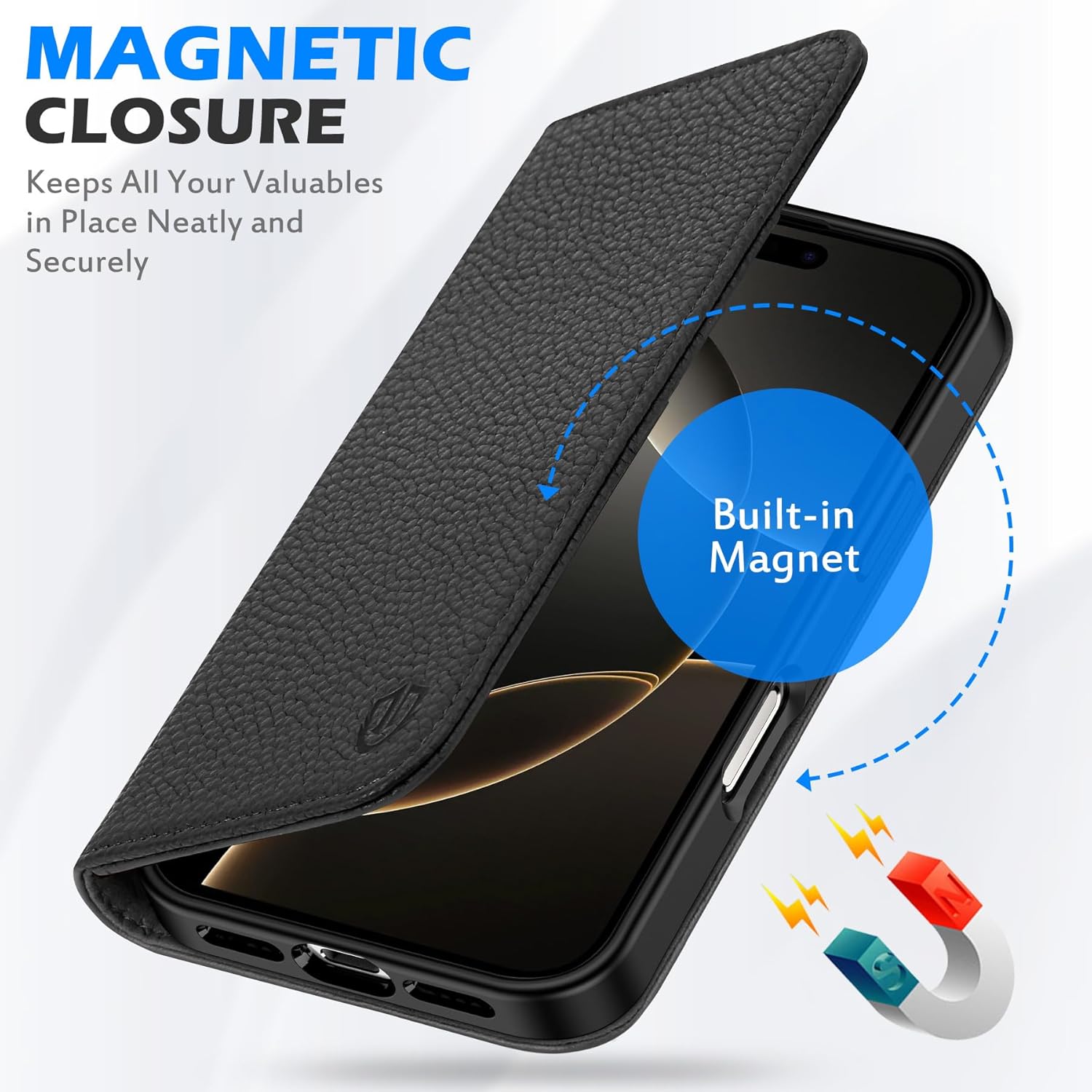 SHIELDON Case for iPhone 16 Pro 5G, Genuine Leather Wallet Flip Magnetic Cover RFID Blocking Card Slots Carry-All with Kickstand Shockproof Case Compatible with iPhone 16 Pro 2024 - Pebbled Black - Image 7