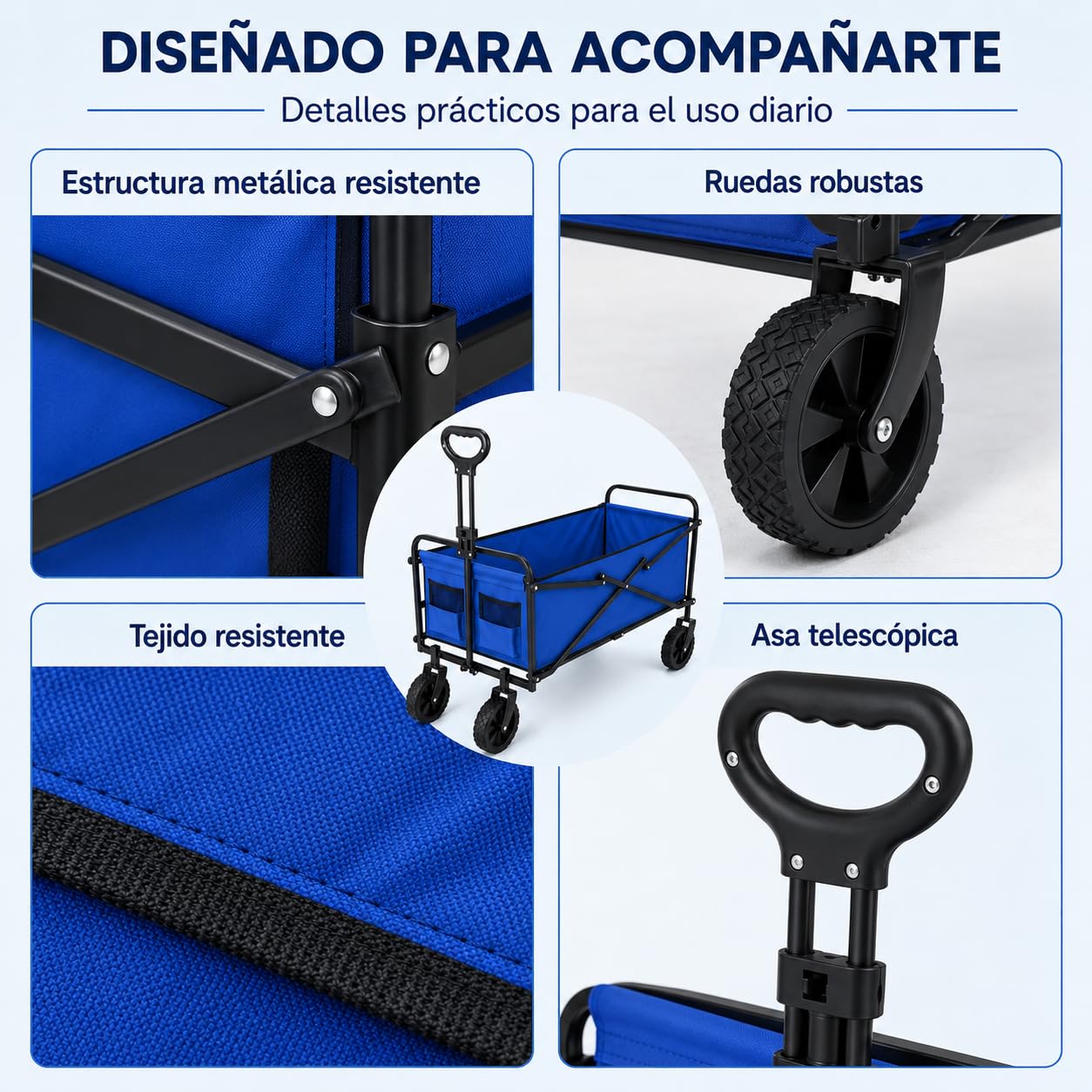 Carro Plegable con 4 Ruedas, Carrito de Transporte con Asa Telescópica y 2 Bolsillos Frontales, Carro para Playa, Camping, Picnic y Compras, Azul