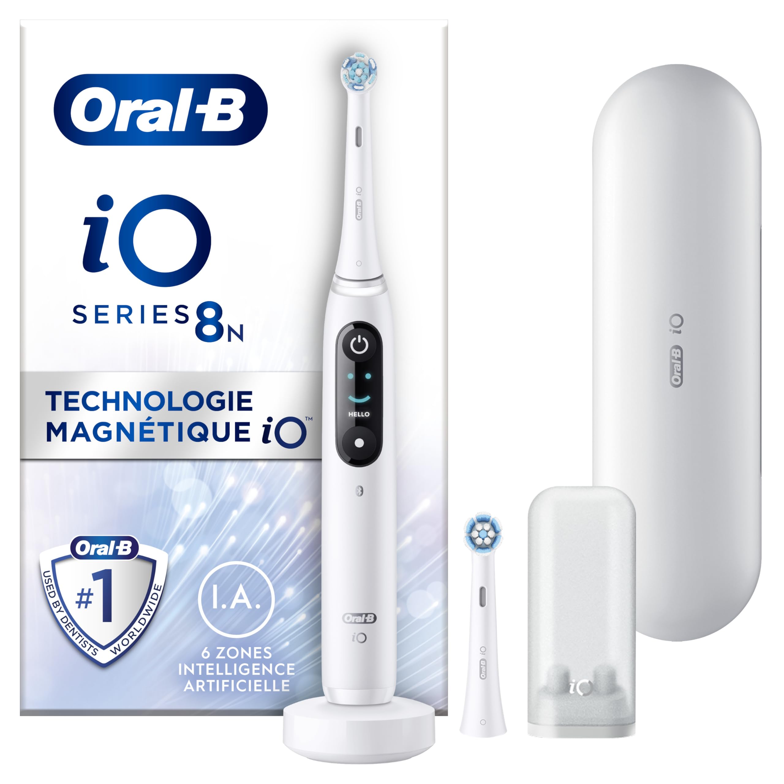 Oral-B iO 8N Brosse À Dents Électrique Blanche connectée Bluetooth, 2 Brossettes, 1 Étui De Voyage, Ensemble de 4 pièces