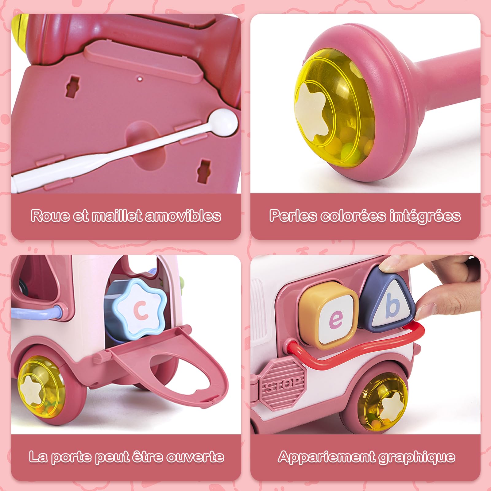 Jouet Fille 1 an, Jouets Bebe 12 à 18 Mois Bus Musicaux Sensoriel avec Xylophone, Trieur de Formes Jouet éducatif précoce, Cadeaux pour Les Enfant 12 Mois+ Rose