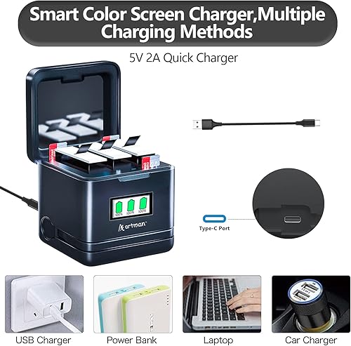 Miniatura 8 de Artman - Batería de enduro con cargador para GoPro Hero 12 11 10 9 Negro y Artman Hero 1211109 Cubierta de batería para GoPro Hero 1211109 Negro